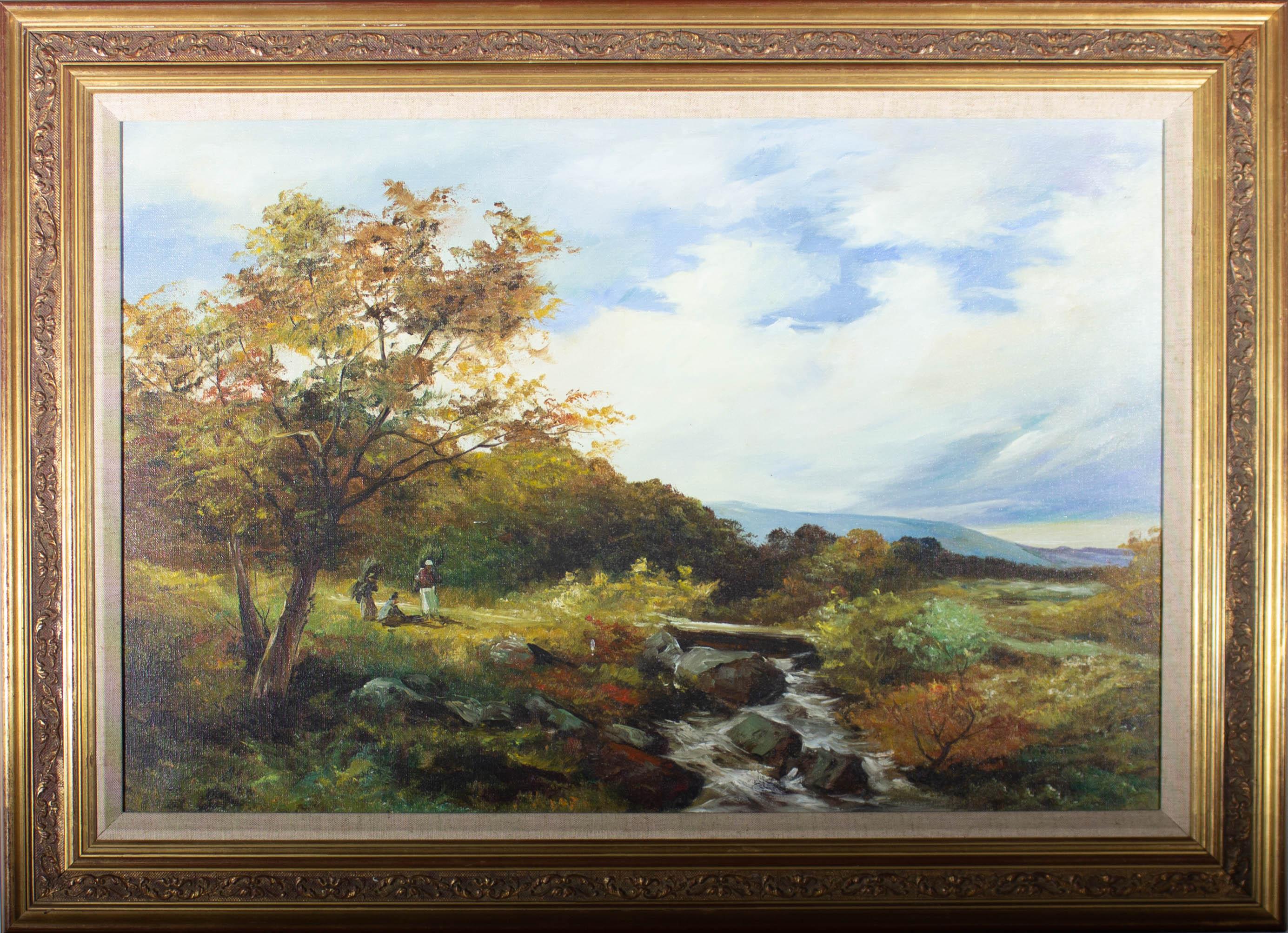 Un bel paesaggio a olio del XX secolo, che mostra figure con cesti carichi di legna da ardere, che riposano presso un fiume roccioso ai margini di un Wood. L'artista ha apposto la sua firma nell'angolo in basso a destra e il dipinto è stato