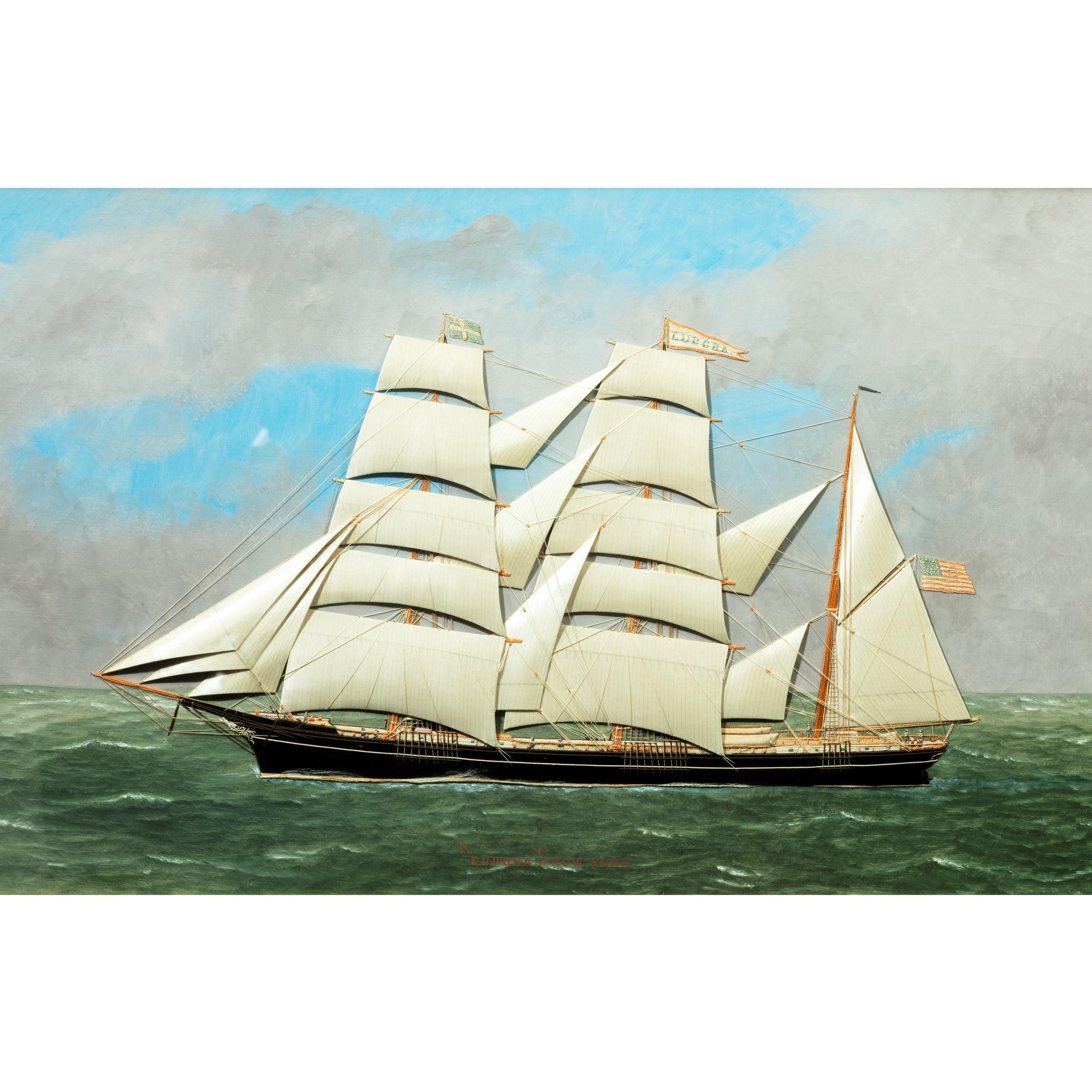 T. Willis: a mixed media ship’s portrait of ‘Eudora’ of New York, 1900. This oil and silk/velvet collage on canvas shows a three-masted ship in full sail, inscribed, signed and dated, ‘T.Willis, N.Y. 1900’. The reverse has the paper labels of the