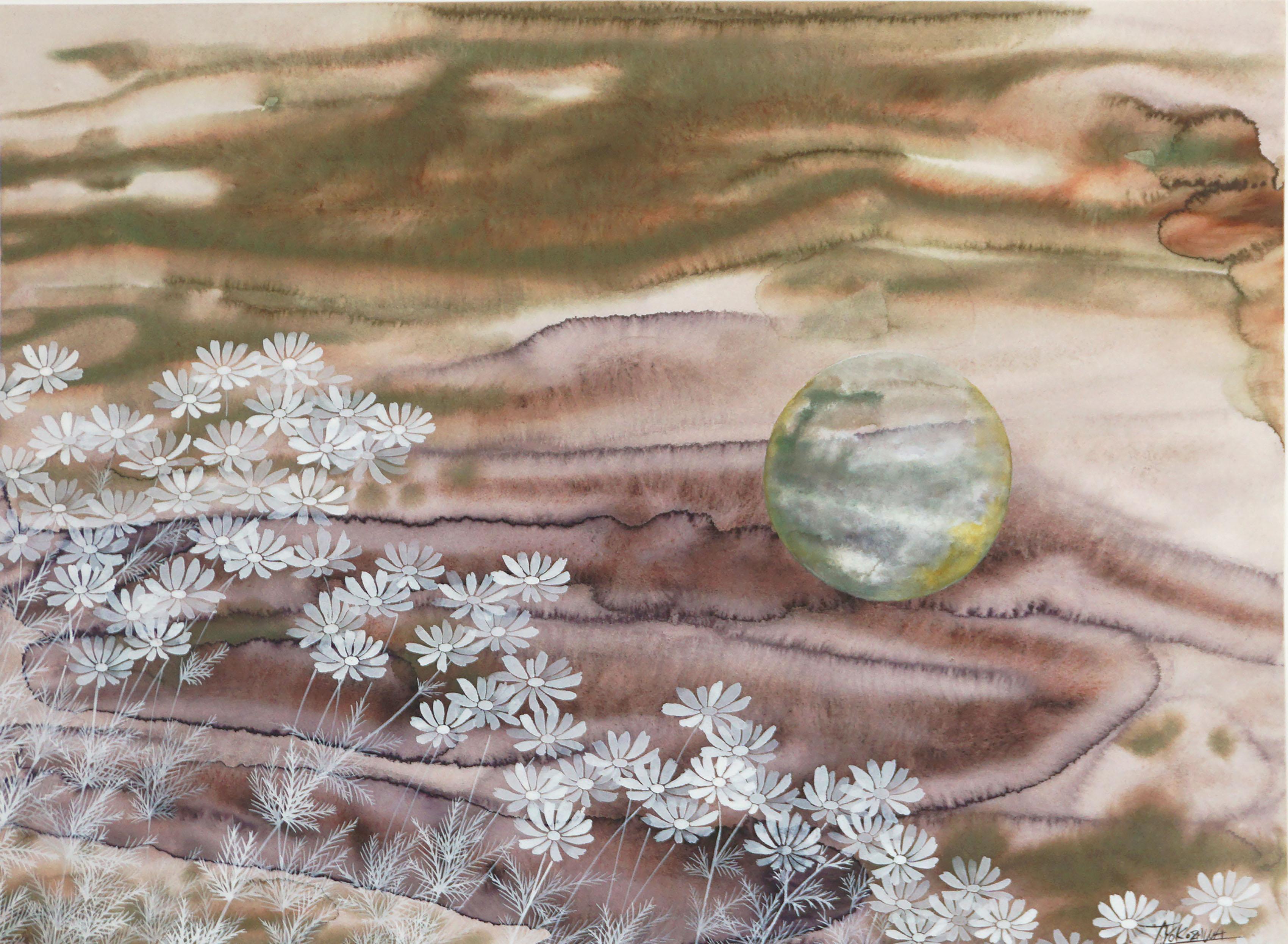 Futuristic Landscape -- Cosmos Flowers and Orb  - Painting by T. Yokozawa