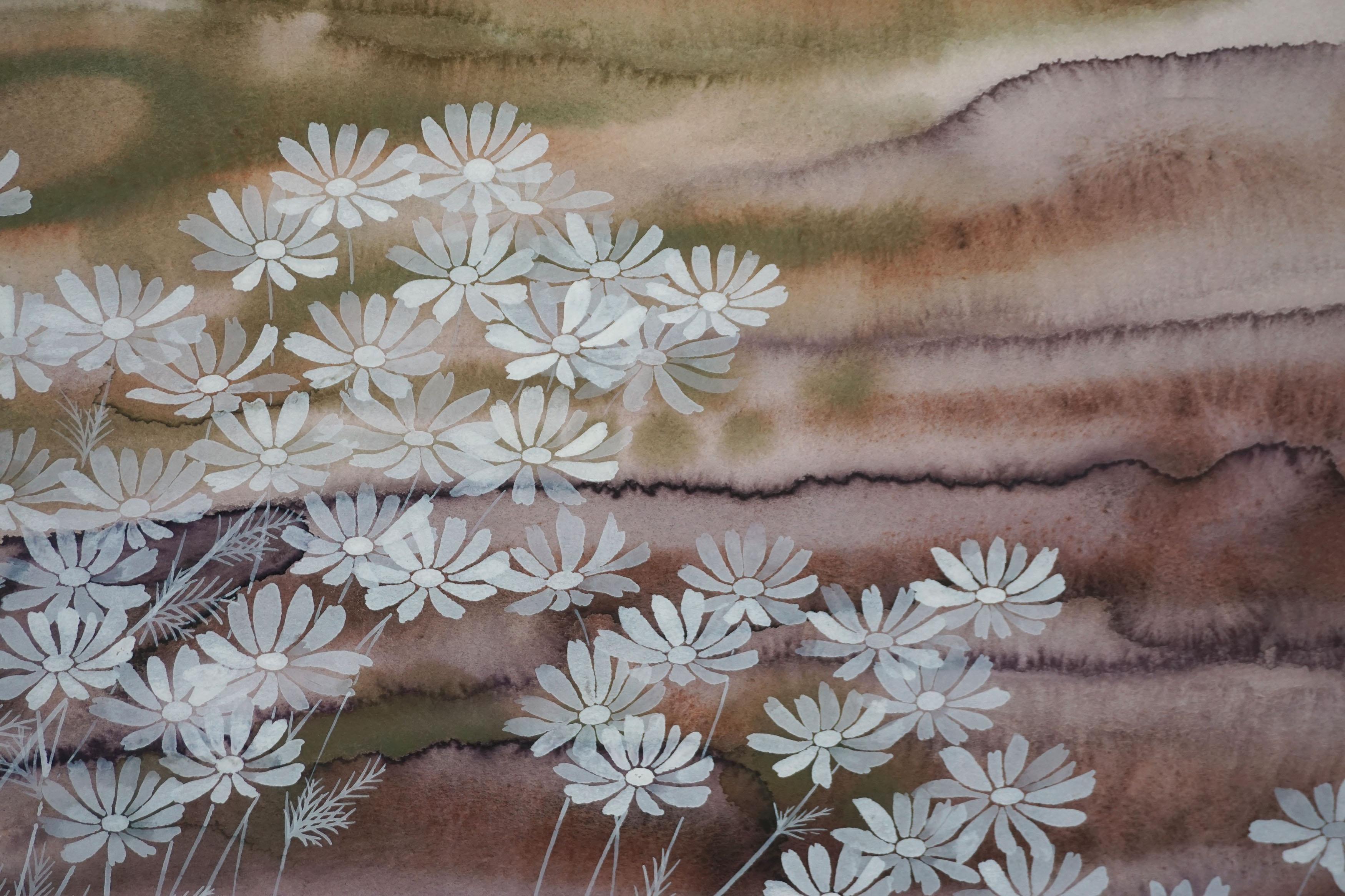 Futuristic Landscape -- Cosmos Flowers and Orb  - Beige Landscape Painting by T. Yokozawa