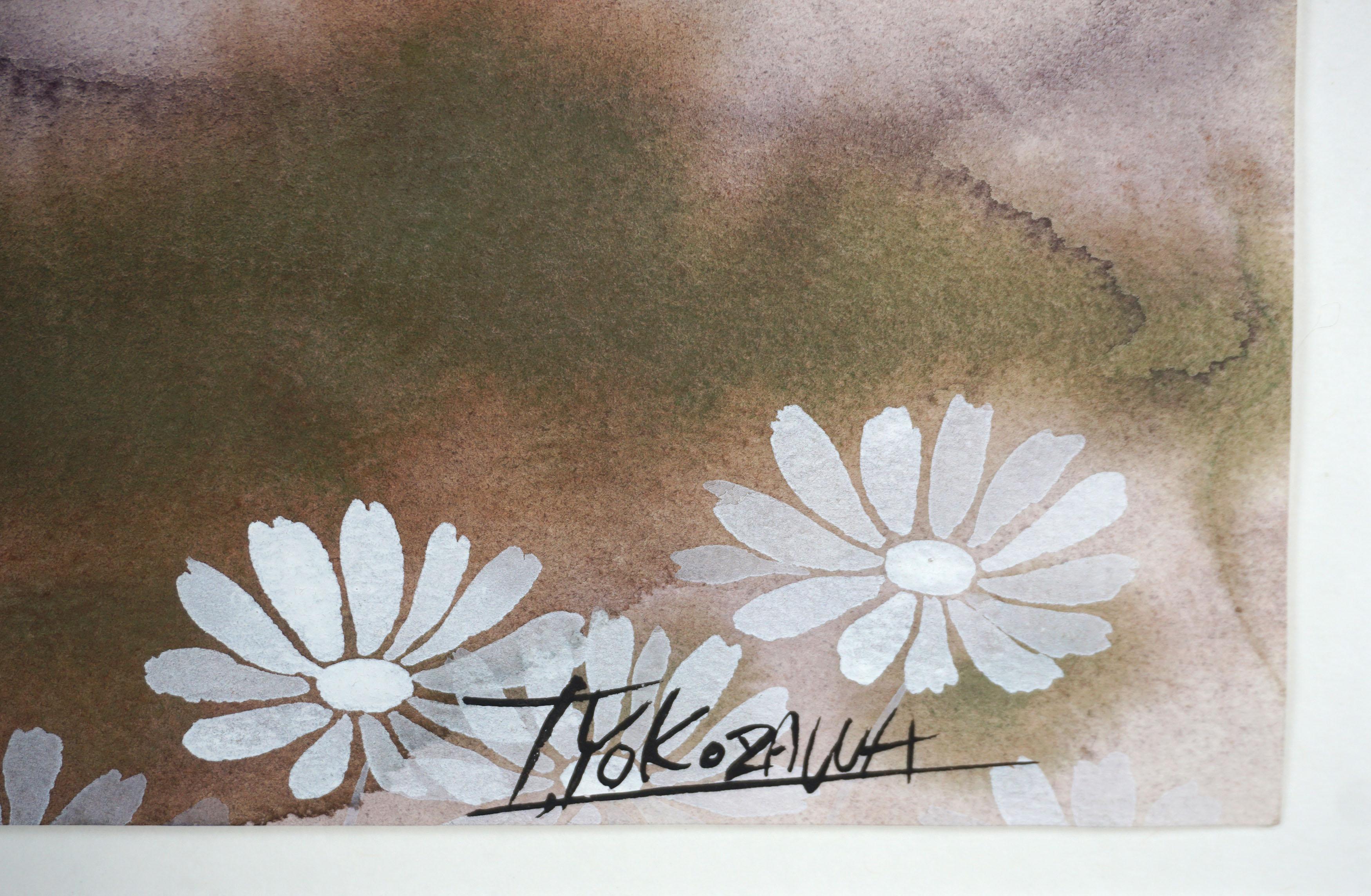 Wonderful futuristic mixed media (watercolor and acrylic) of transparent orb with ghost-like Cosmos flowers in foreground by T. Yokozawa (Japanese/American, 20th Century), circa 2000. Signed lower right. Presented in new mat. Unframed. Image size: