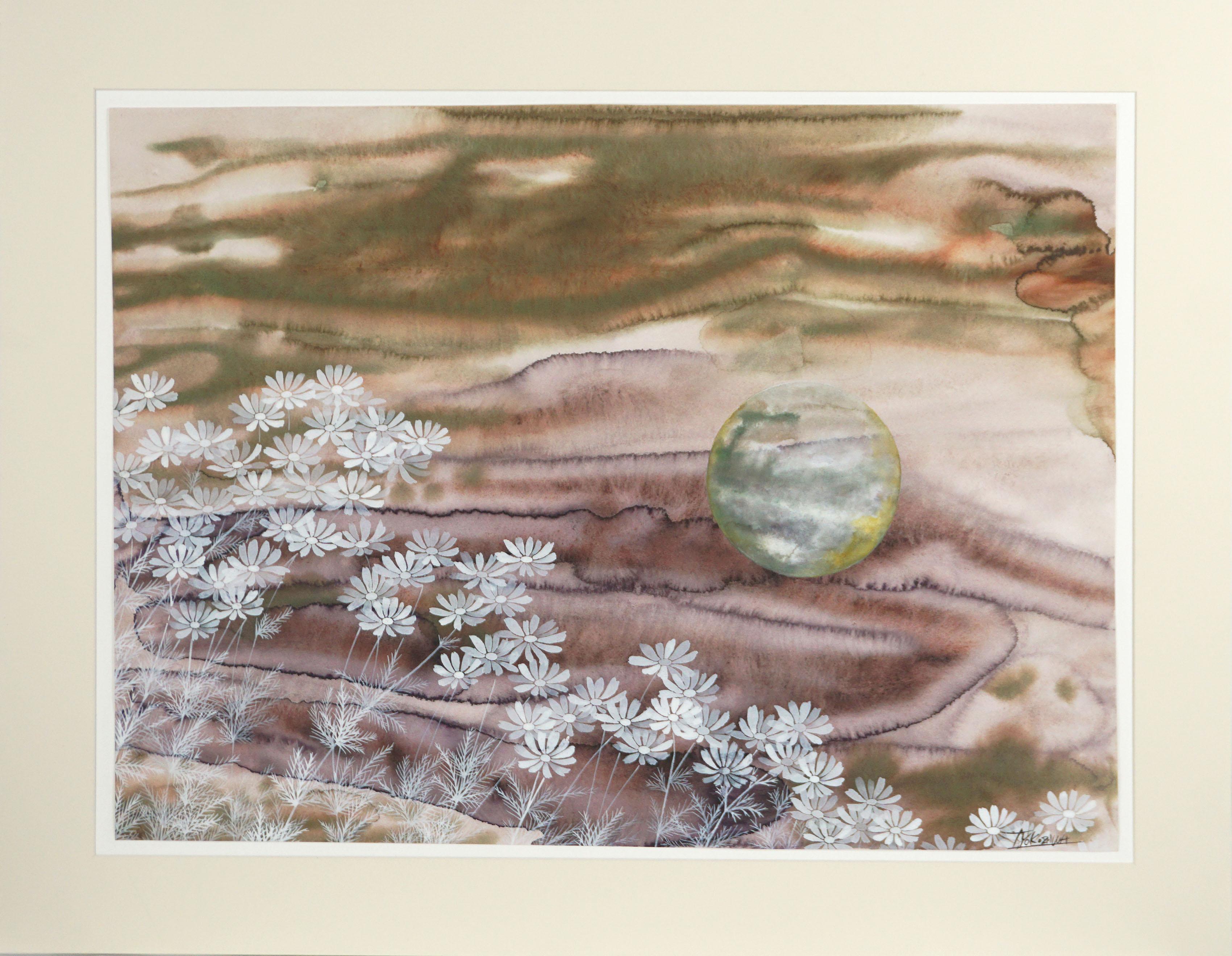 T. Yokozawa Landscape Painting - Futuristic Landscape -- Cosmos Flowers and Orb 