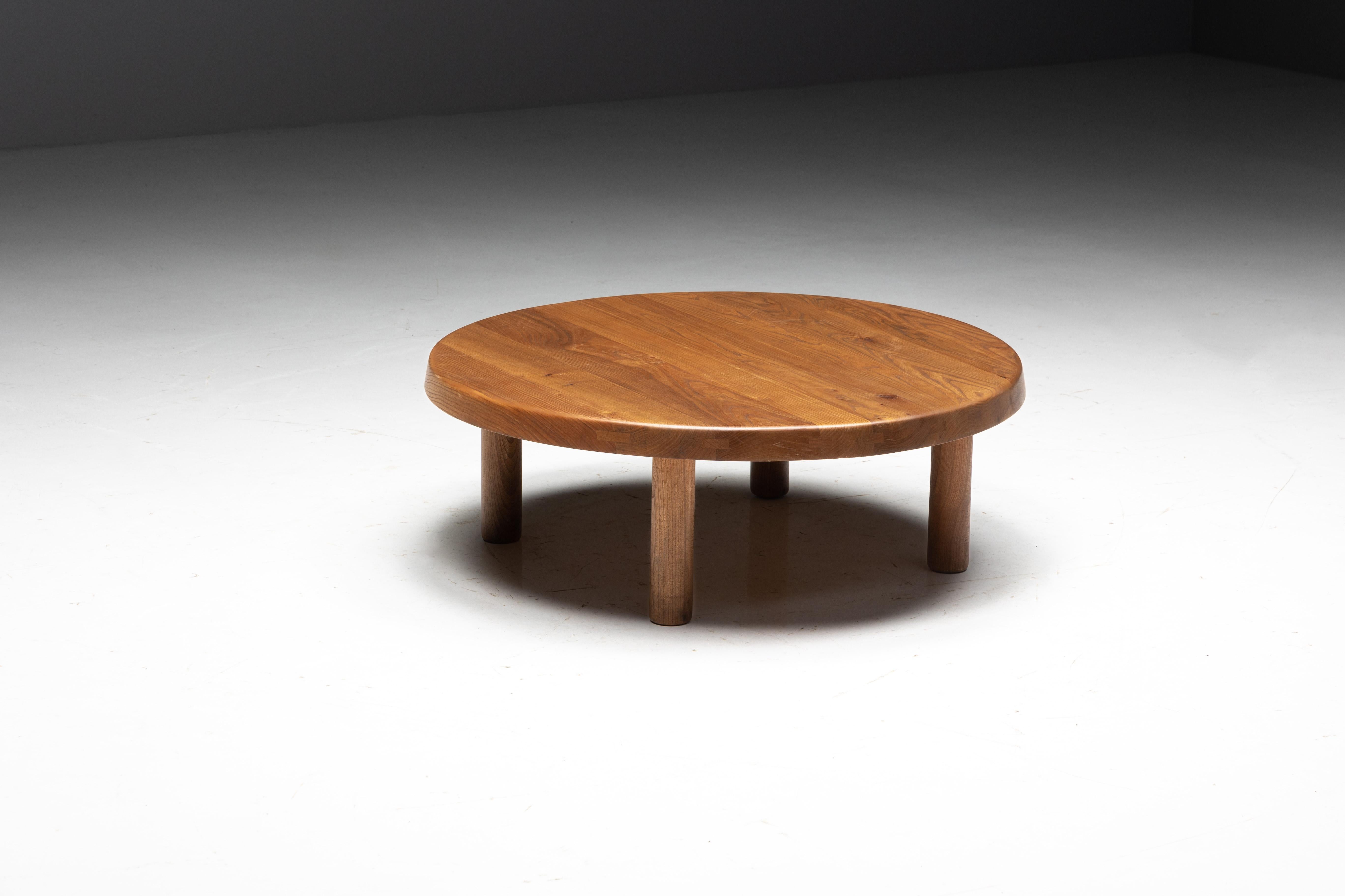 Pierre Chapo early edition 'T02' coffee table, designed and manufactured in his own workshop in France in the 1960s. Handmade in solid elmwood, this table is designed to make a lasting impression. This piece features a stunning round top that is