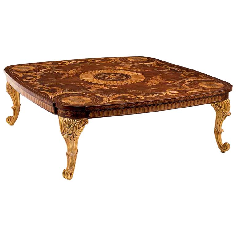 T101/C Table basse italienne en bois avec plateau incrusté & Pieds sculptés en or:: Zanaboni