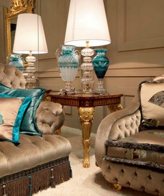 T101/S Italian Side Table in Wood with Inlaid Top and Gold Carved Legs