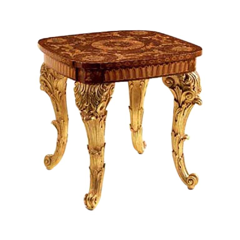 T101/S Table d'appoint italienne en bois avec dessus incrusté et pieds sculptés en or