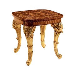 T101/S Italian Side Table in Wood with Inlaid Top and Gold Carved Legs