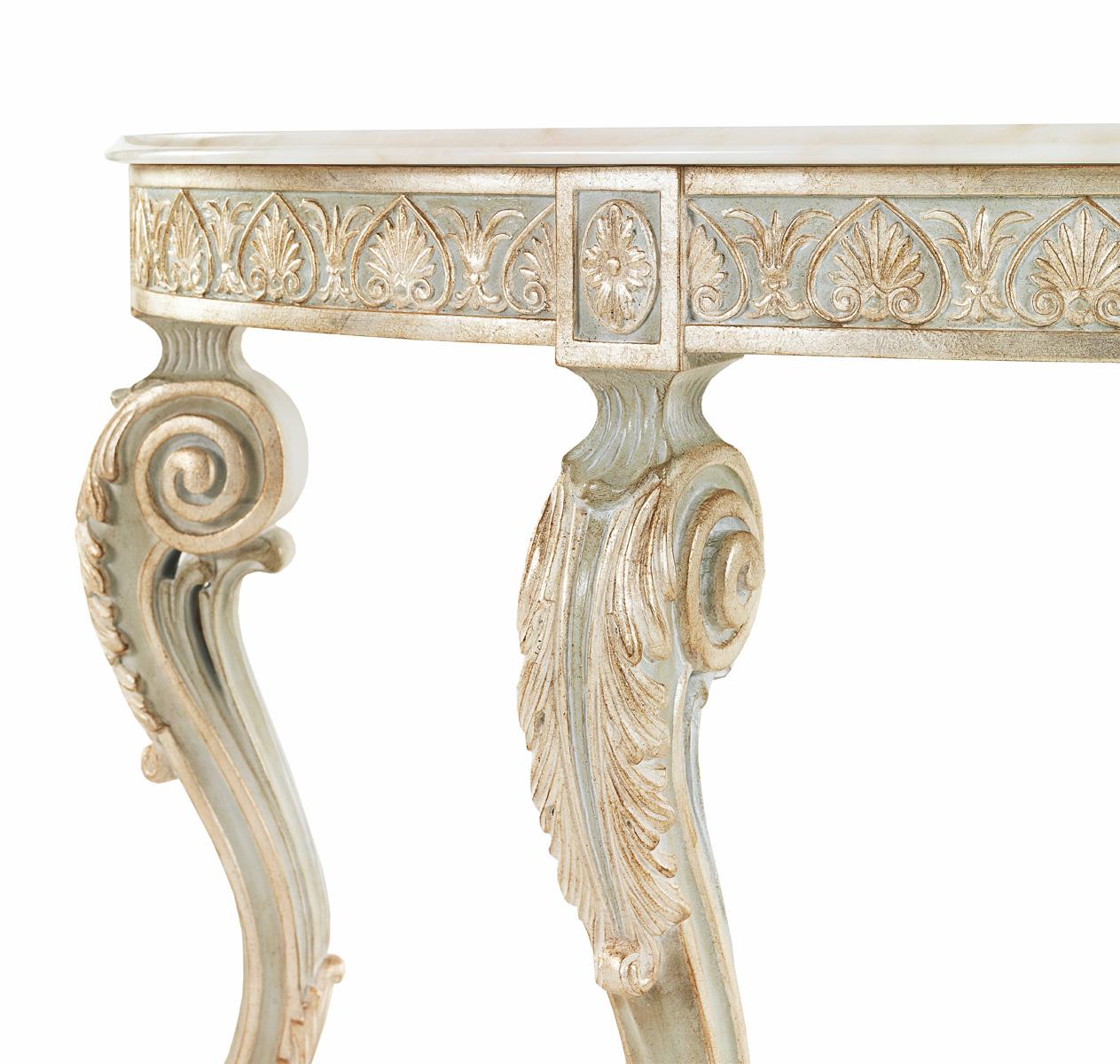 The gorgeous T149/F console works perfectly to create a opulent look, yet sophisticated and ideal for light classic and contemporary scenarios, featuring beautifully carved details on solid wood base, in a white/greyish light blue finish with real