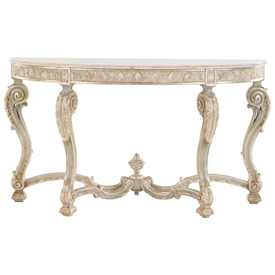 T149/F Italian Hand Carved Wooden Console with Marble Top and Silver by Zanaboni