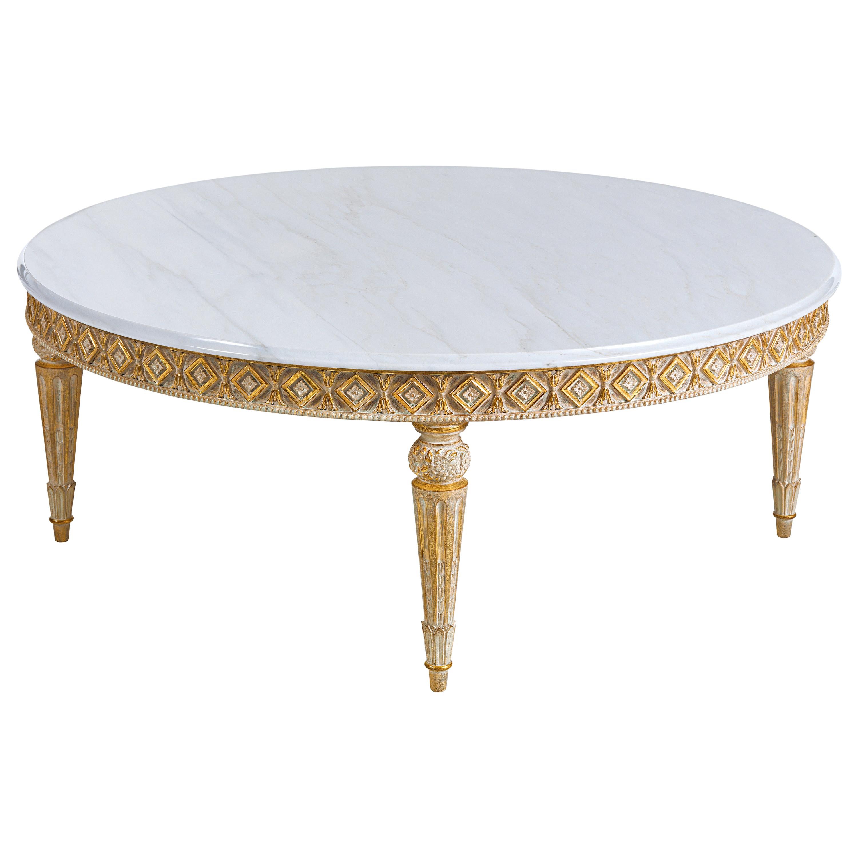 T167/C Italian Hand Carved Wooden Round Coffee Table with Marble Top by Zanaboni For Sale