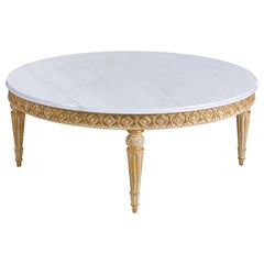 T167/C Italian Hand Carved Wooden Round Coffee Table with Marble Top by Zanaboni