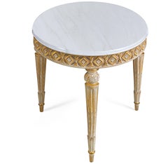 T167/S Italian Hand Carved Wooden Round Side Table with Marble Top by Zanaboni