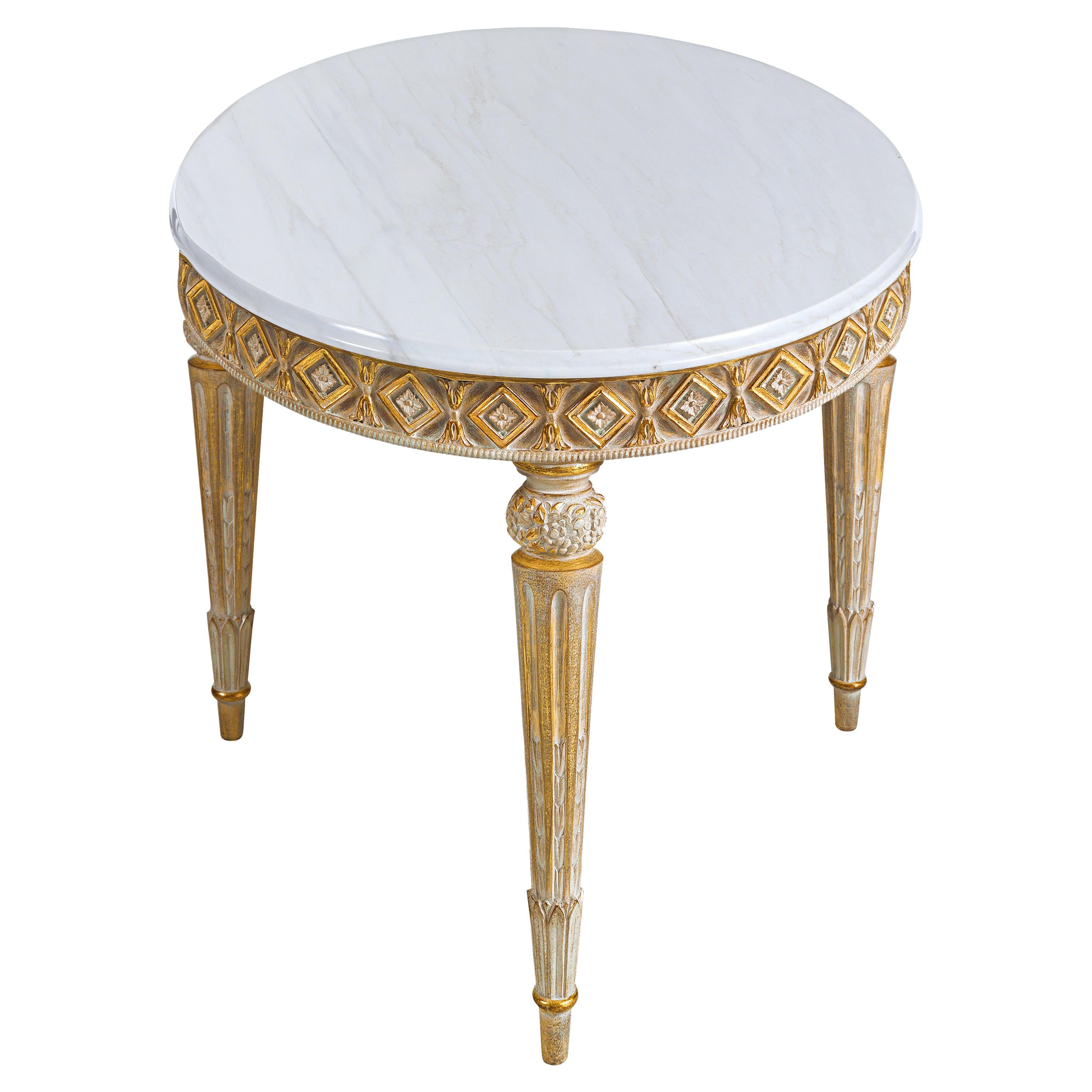 T167/S Italian Hand Carved Wooden Round Side Table with Marble Top by Zanaboni For Sale