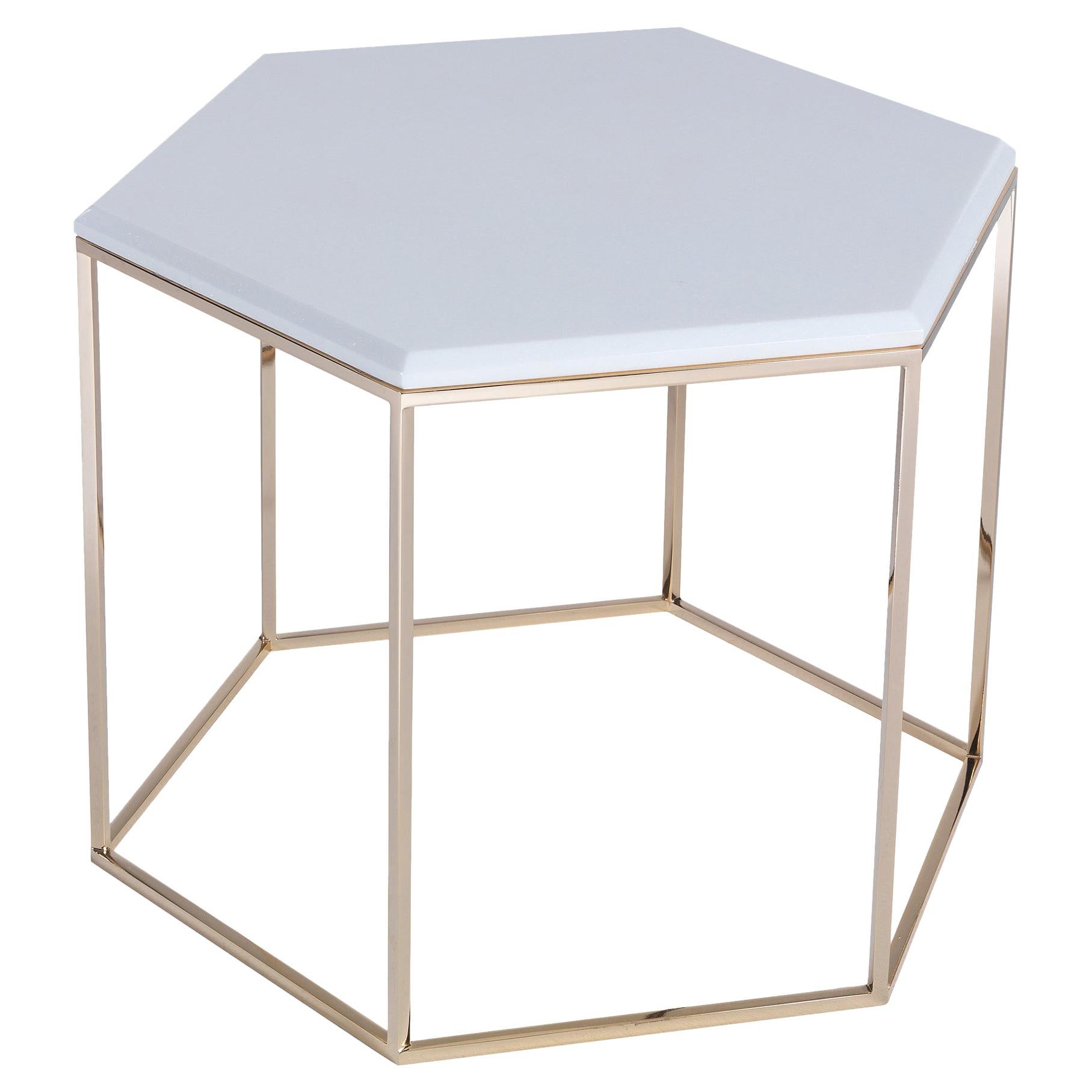 T178/H Hexagonal Tall Coffee Table with Gold Base and Marble Top by Zanaboni
