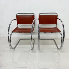 1970s Two Tubular Chrome Chairs Ludwig Mies van der Rohe Brown Leather MR Chair