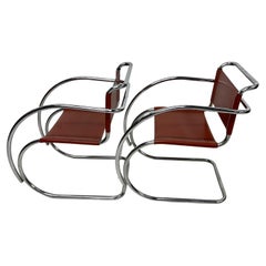 1970s Two Tubular Chrome Chairs Ludwig Mies van der Rohe Brown Leather MR Chair