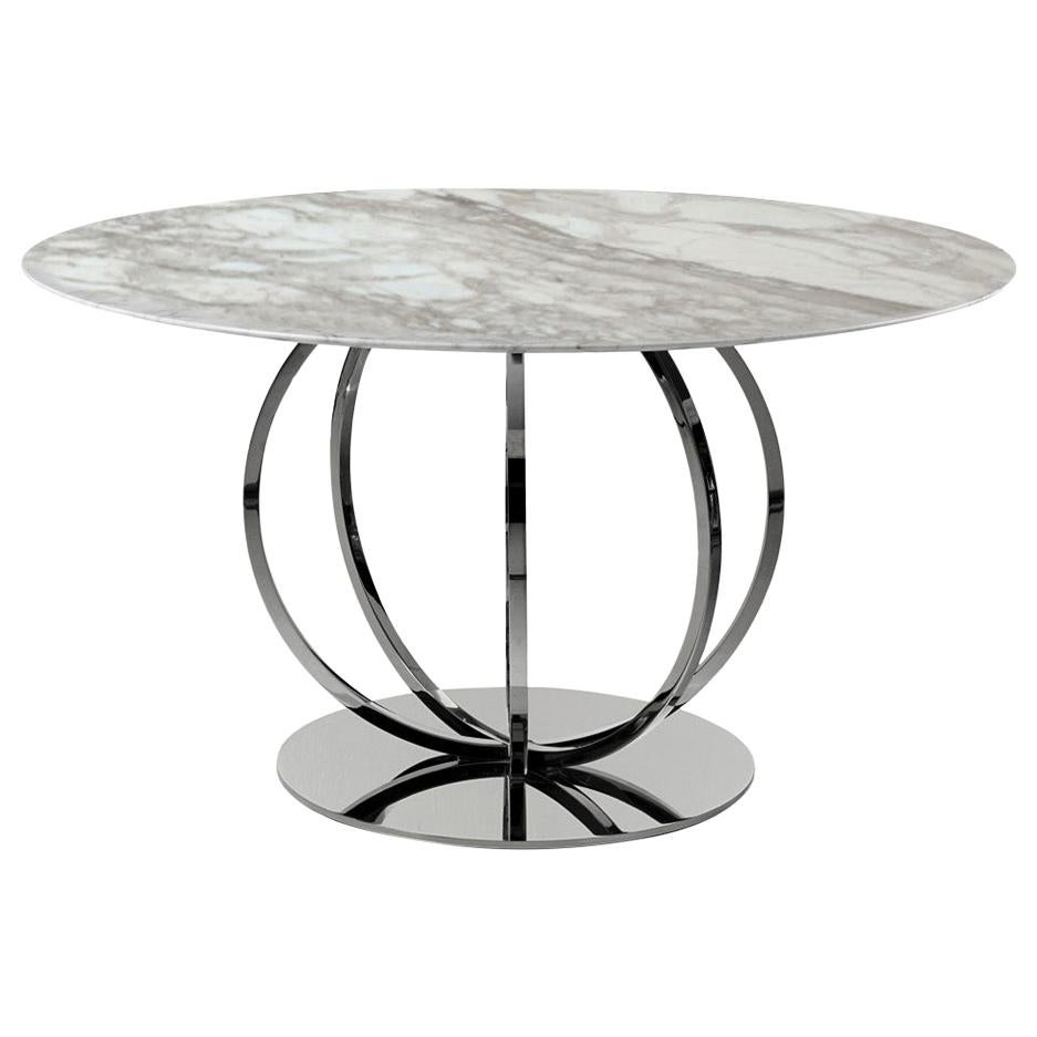 Table de salle à manger T78 avec finition en nickel et plateau en marbre Calacatta Oro de Zanaboni