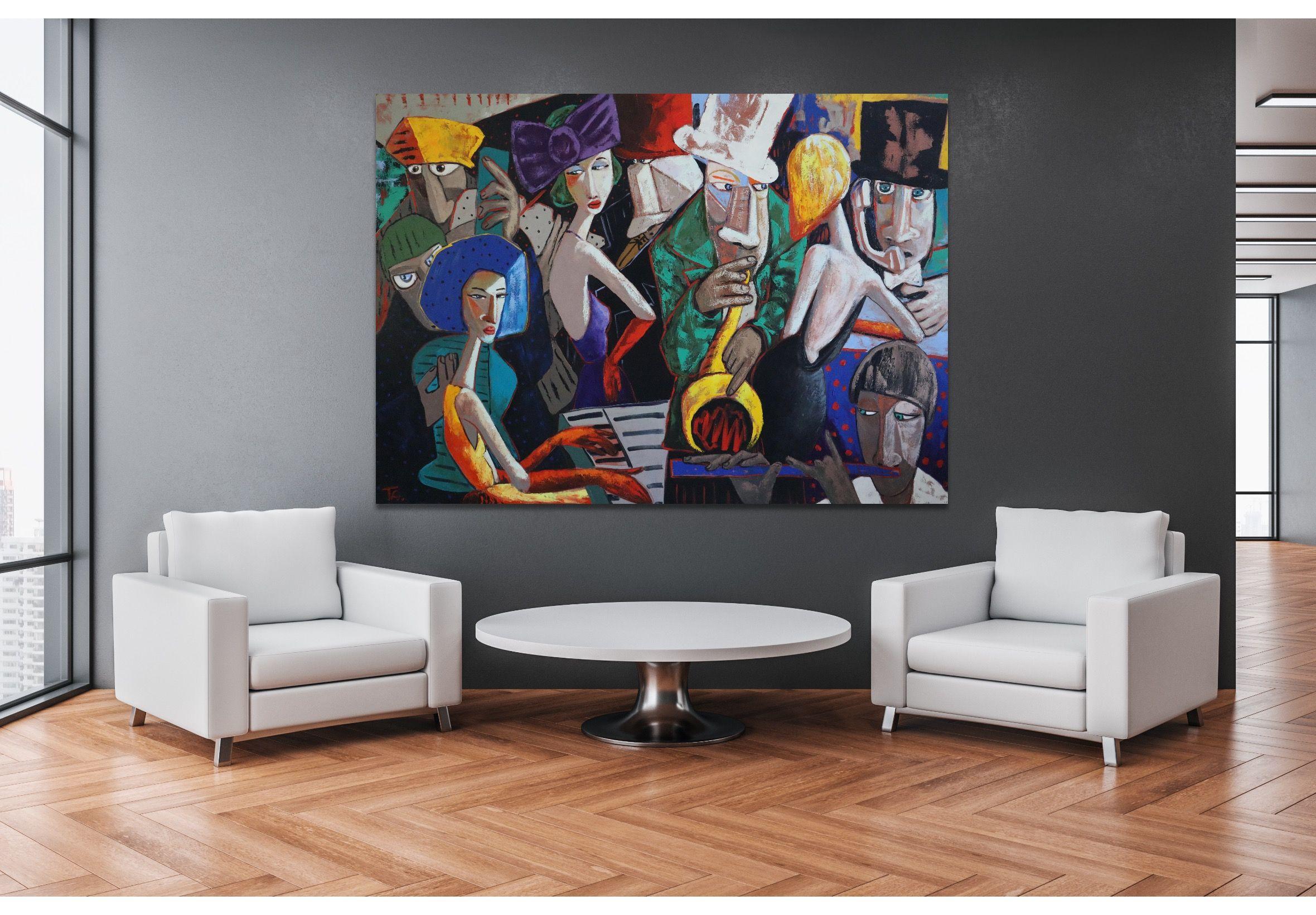 Lady in red with her Jazz Band, Painting, Oil on Canvas For Sale 1