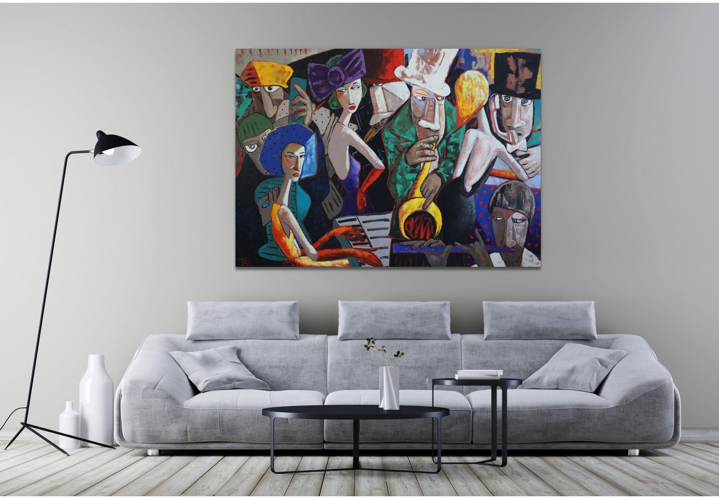 Lady in red with her Jazz Band, Painting, Oil on Canvas For Sale 2