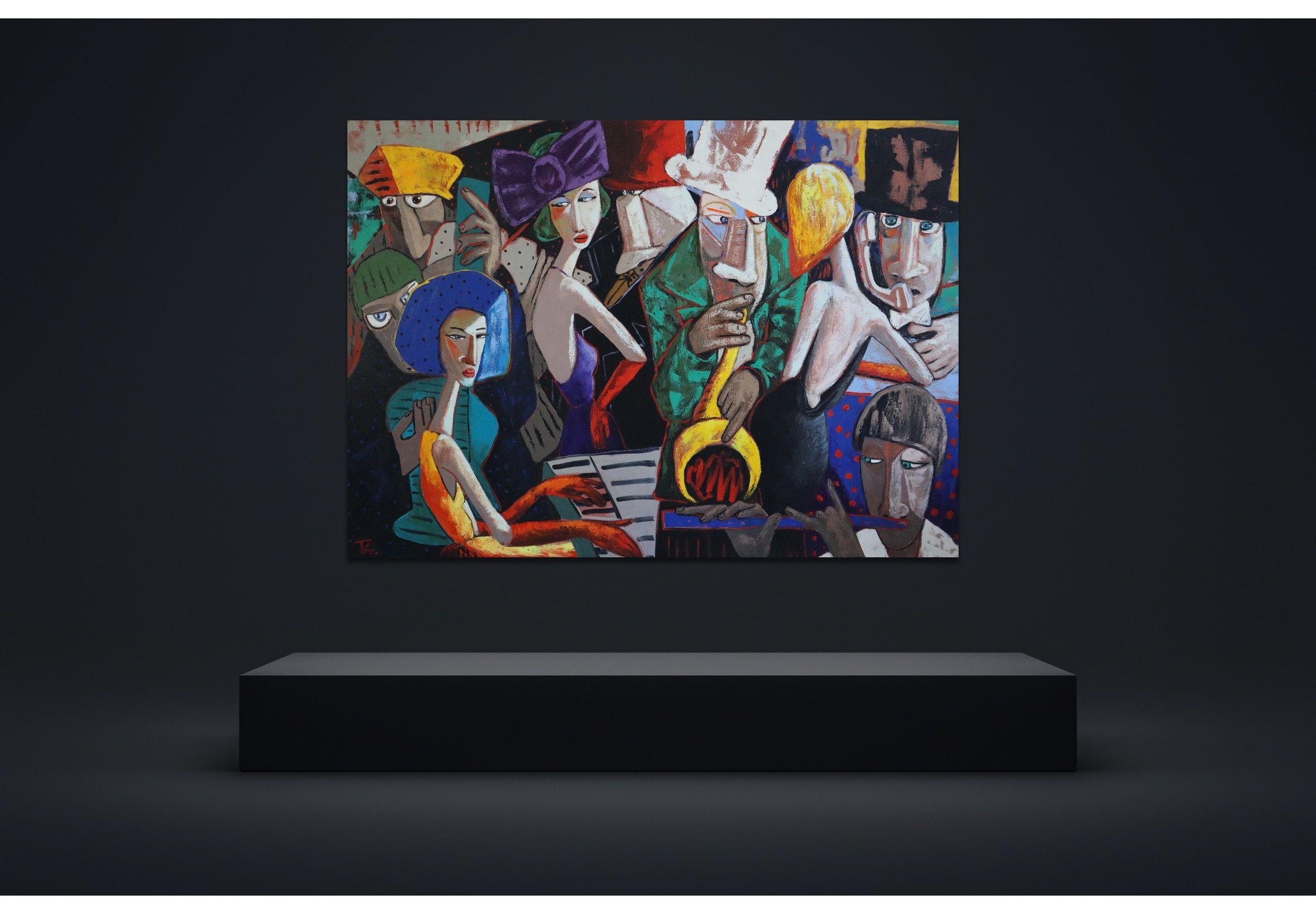 Lady in red with her Jazz Band, Painting, Oil on Canvas For Sale 3
