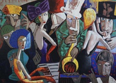 Lady in red with her Jazz Band, Painting, Oil on Canvas