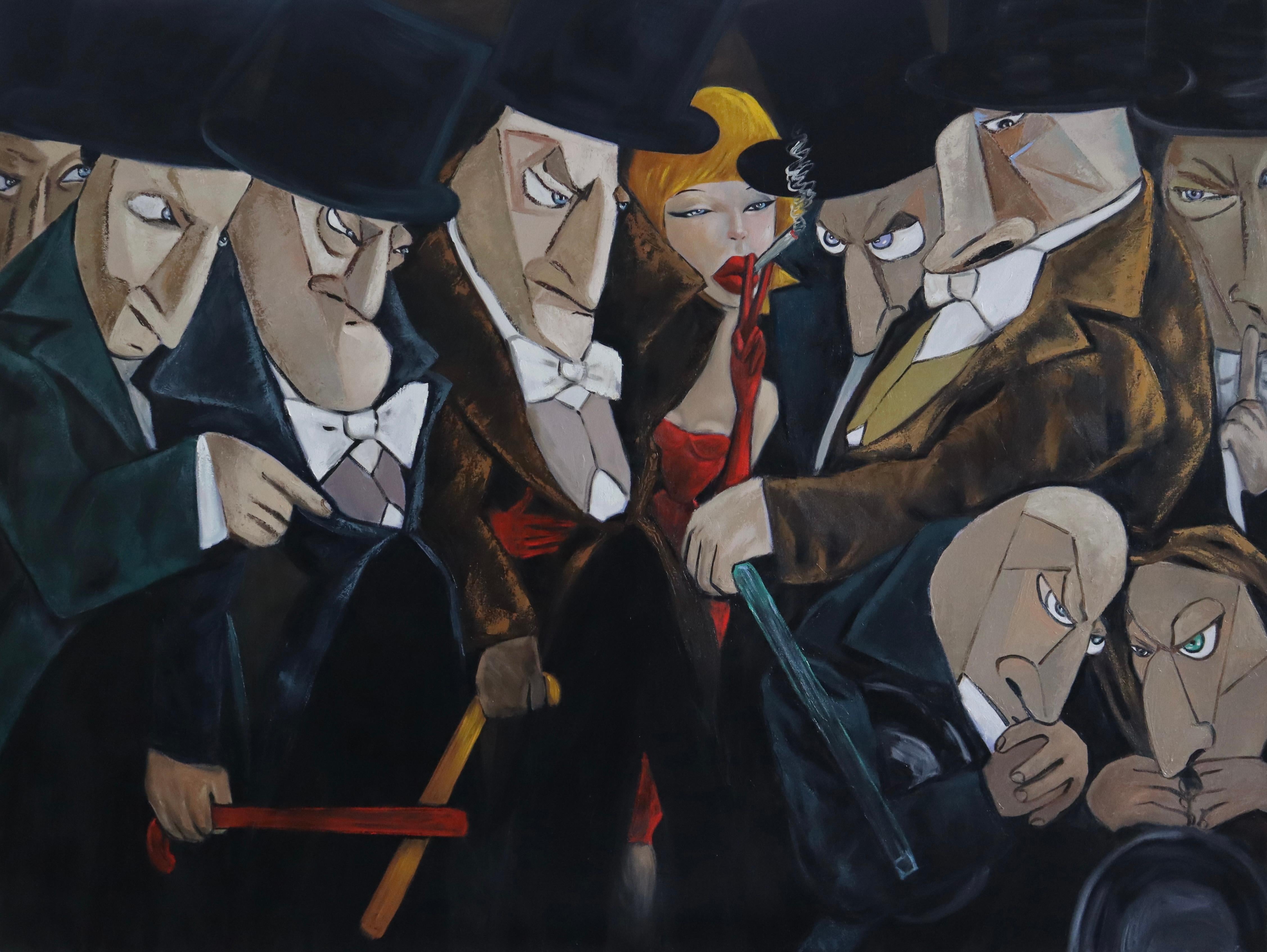 Oil painting by Ta Byrne I love painting people, but I don’t want to paint portraits, I want my people to have a bit of character, a little of the night about them I want them to be unique.

A crowd of men dressed up in top hat and tails, each with