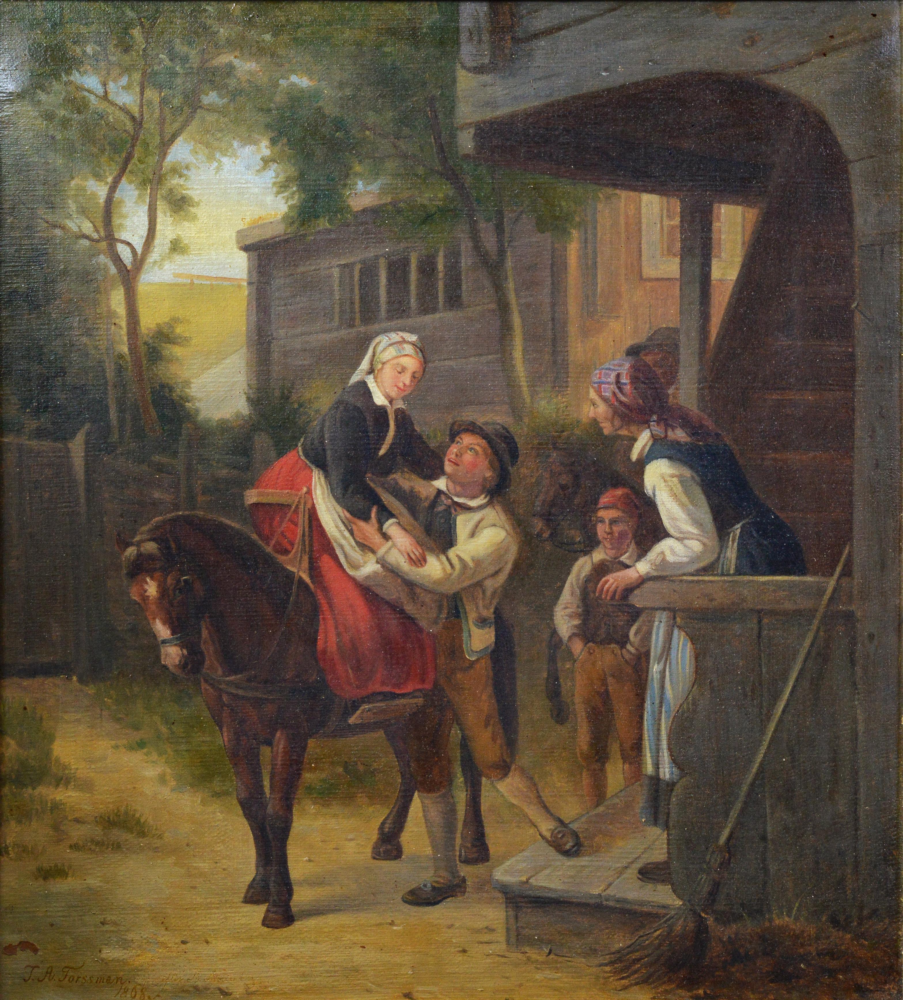 Antique 1868 Swedish Countryside Genre Oil Painting Bride Arrival Signed Framed - Brown Figurative Painting by T.A. Forssman