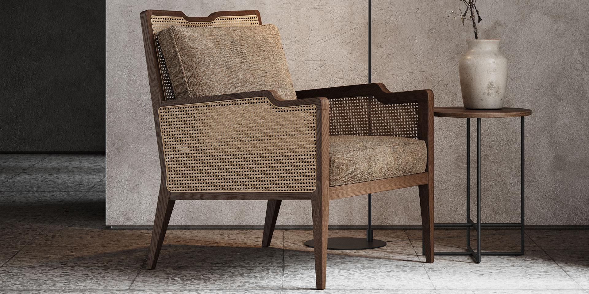 Contemporary Tabac Ash Lounge Chair With Rattan Detailing On The Back And Arms For Sale
