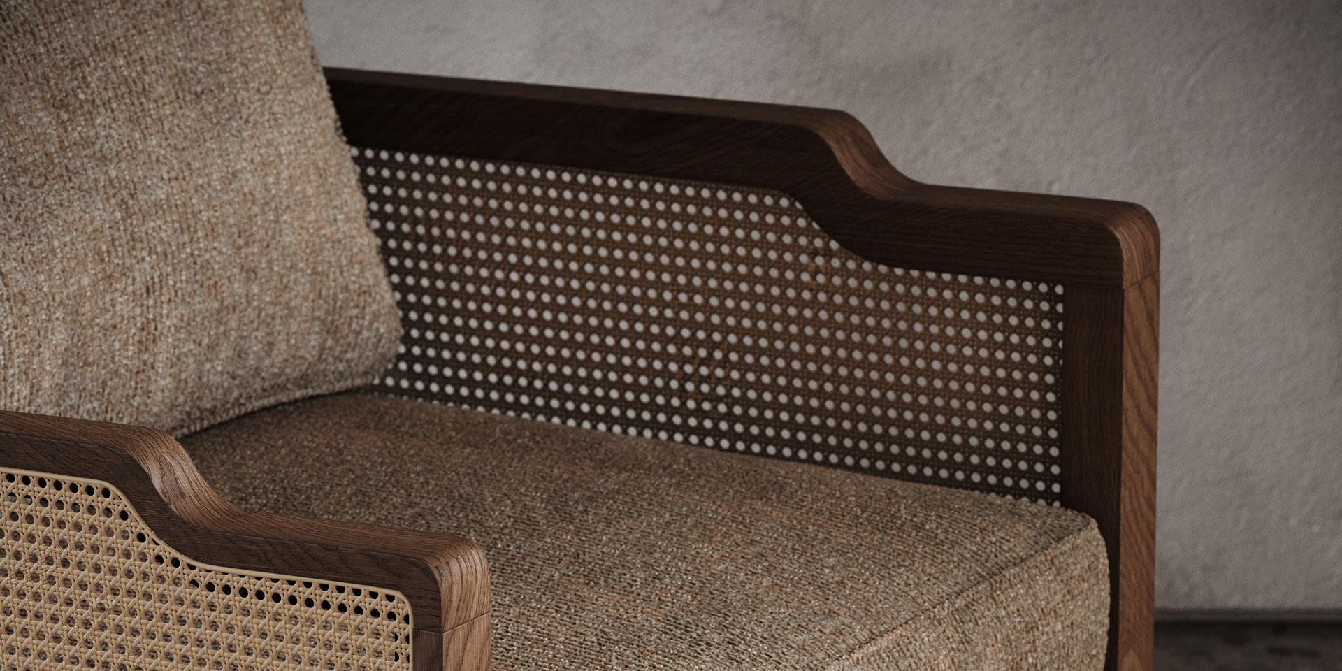 Velvet Tabac Ash Lounge Chair With Rattan Detailing On The Back And Arms For Sale