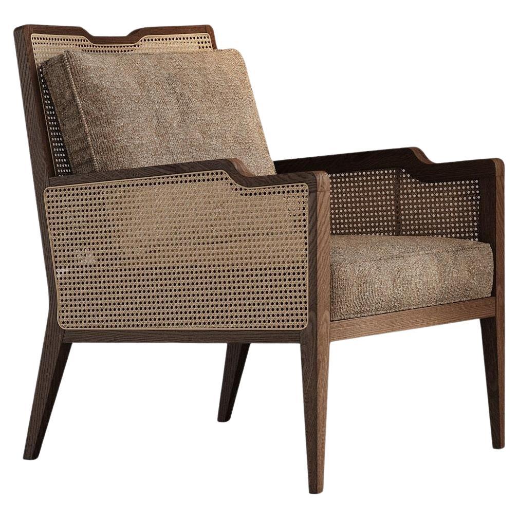Tabac Ash Lounge Chair With Rattan Detailing On The Back And Arms For Sale