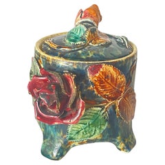 Tabacco Pot or Box 19th Majolica Tobacco Jar France Green and Red Color