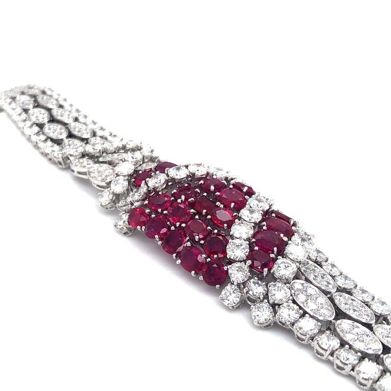 Absolutely Gorgeous 1960's ruby and diamond 18k white gold bracelet. White gold bracelet with approximately 8.4cts of rubies and approximately 25cttw of diamonds.