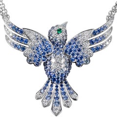 Tabbah 18 Karat White Gold Sapphires and Diamond Hummingbird Necklace