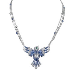 Tabbah 18 Karat White Gold Sapphires and Diamond Hummingbird Necklace