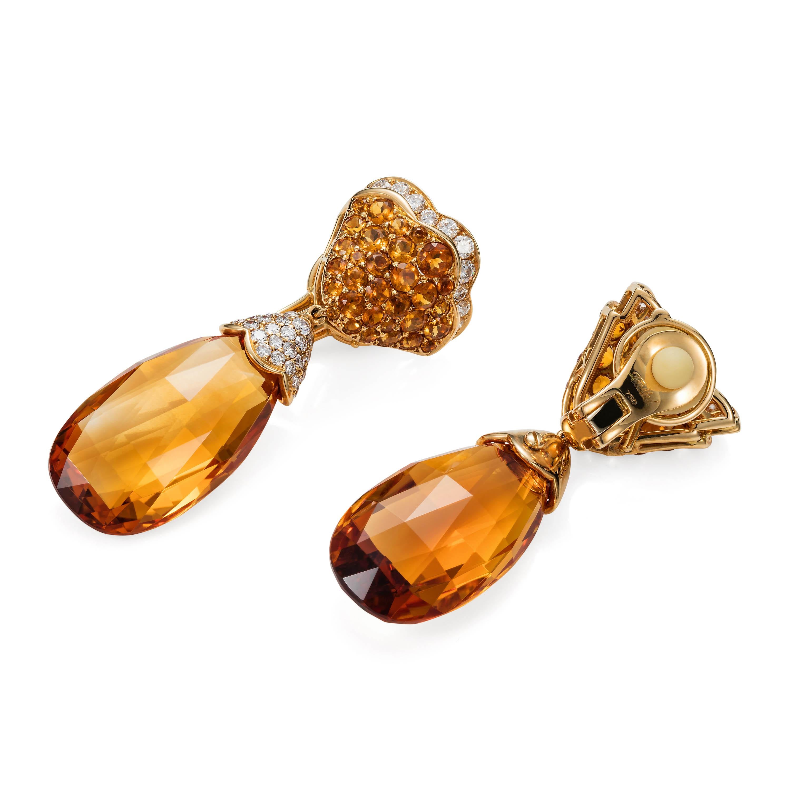 Pair of briolette cut citrine earrings weighing 52.14 carats, set with 70 round diamonds weighing 1.74 carats and 62 citrines. Crafted in 18k yellow gold.

Earring length: 5.0 cm

These earrings come complete with a Tabbah presentation box and