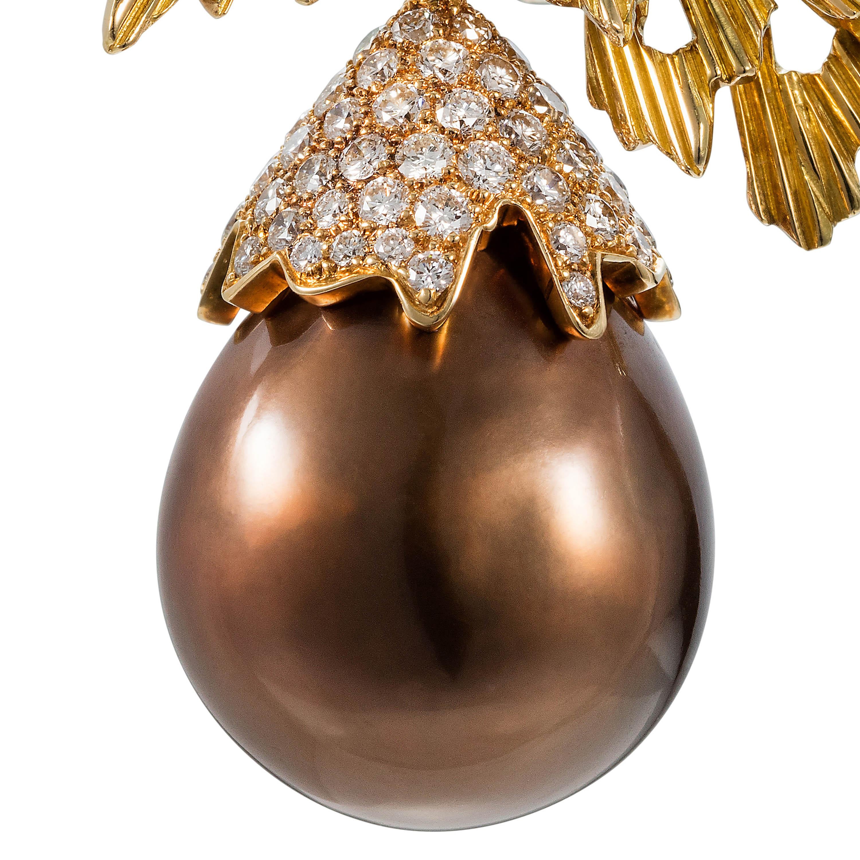 Contemporary Tabbah 18 Karat Yellow Gold South Sea Brown Pearl Diamond Earrings For Sale