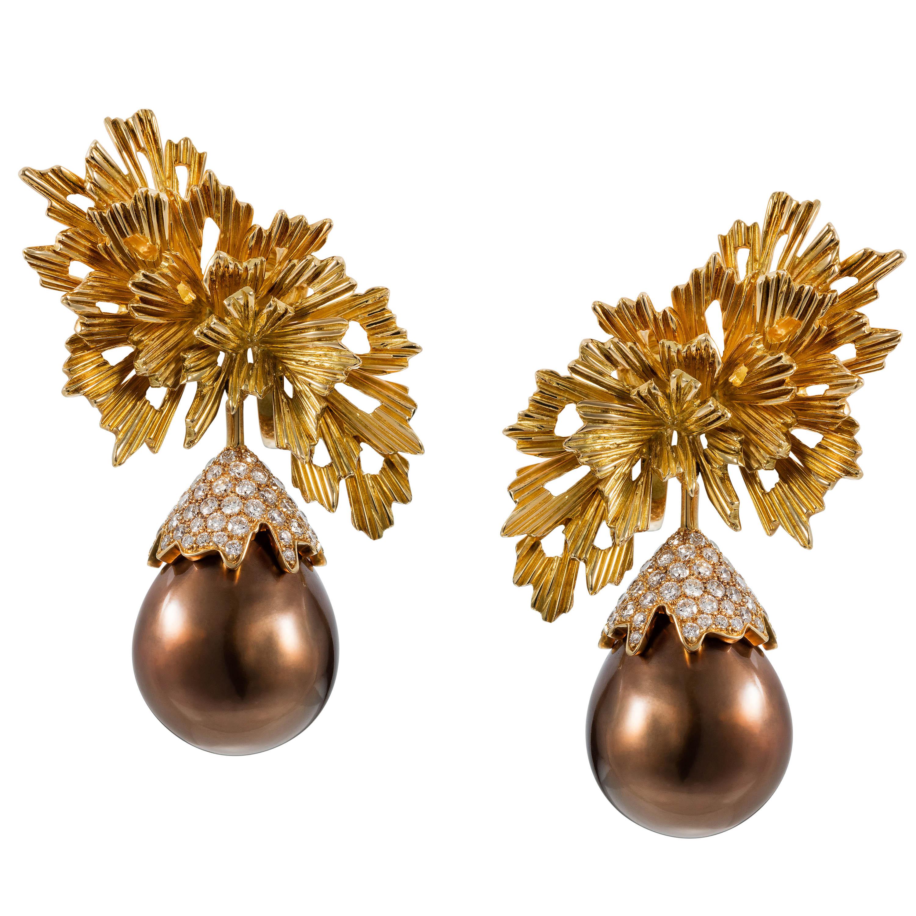 Tabbah 18 Karat Yellow Gold South Sea Brown Pearl Diamond Earrings For Sale