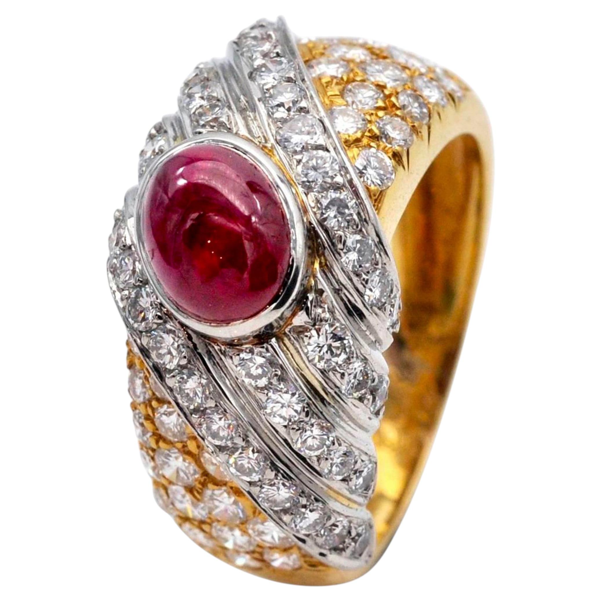 Tabbah Cabochon-Ruby and Diamond Platinum and Gold Ring