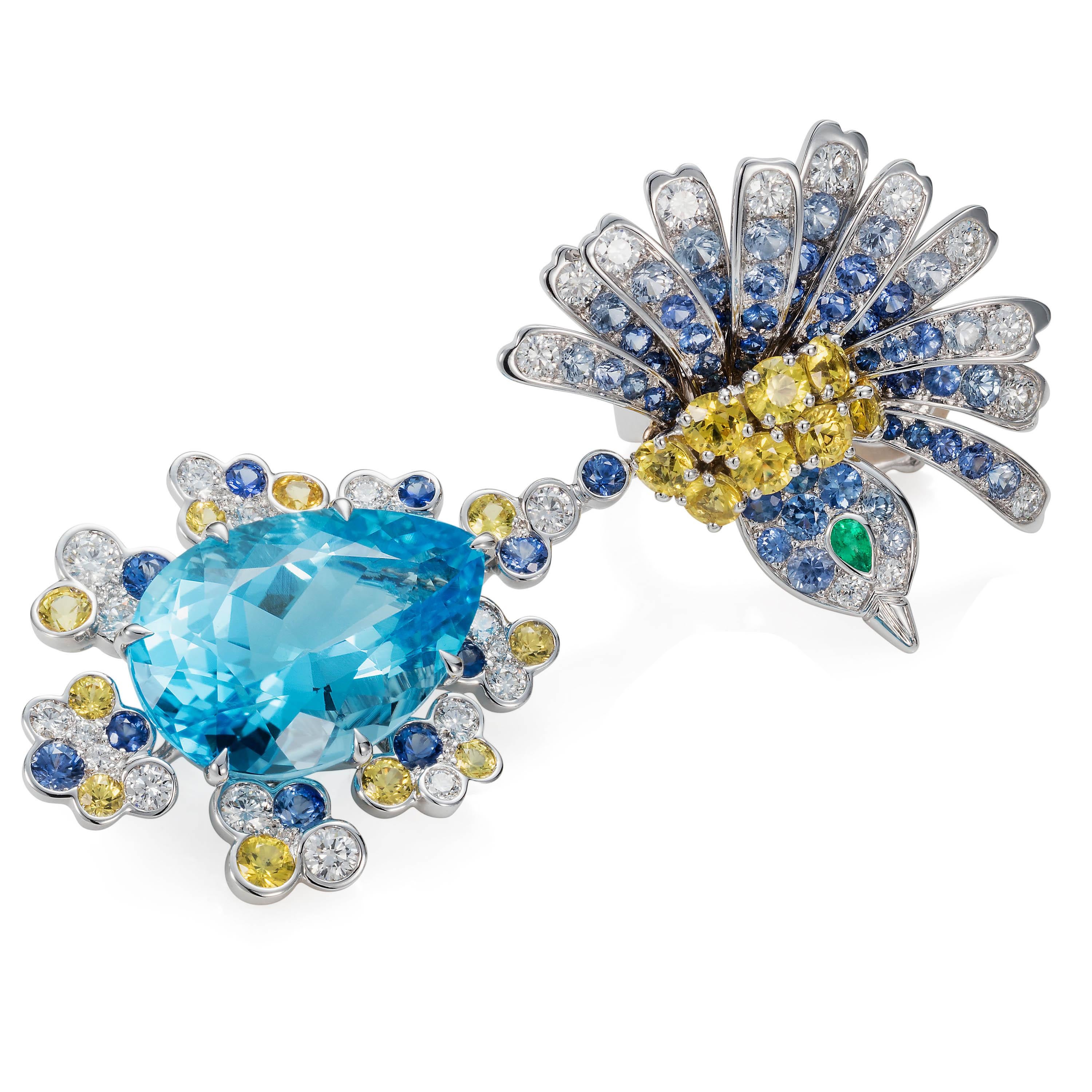 One of a kind Hummingbird earrings with 2 pear-shaped topaz weighing 32.80 carats, 178 multicolored sapphires weighing 6.35 carats, 65 round diamonds weighing 2.44 carats and 2 pear-shaped emerald eyes weighing 0.09 carats.
the setting crafted in