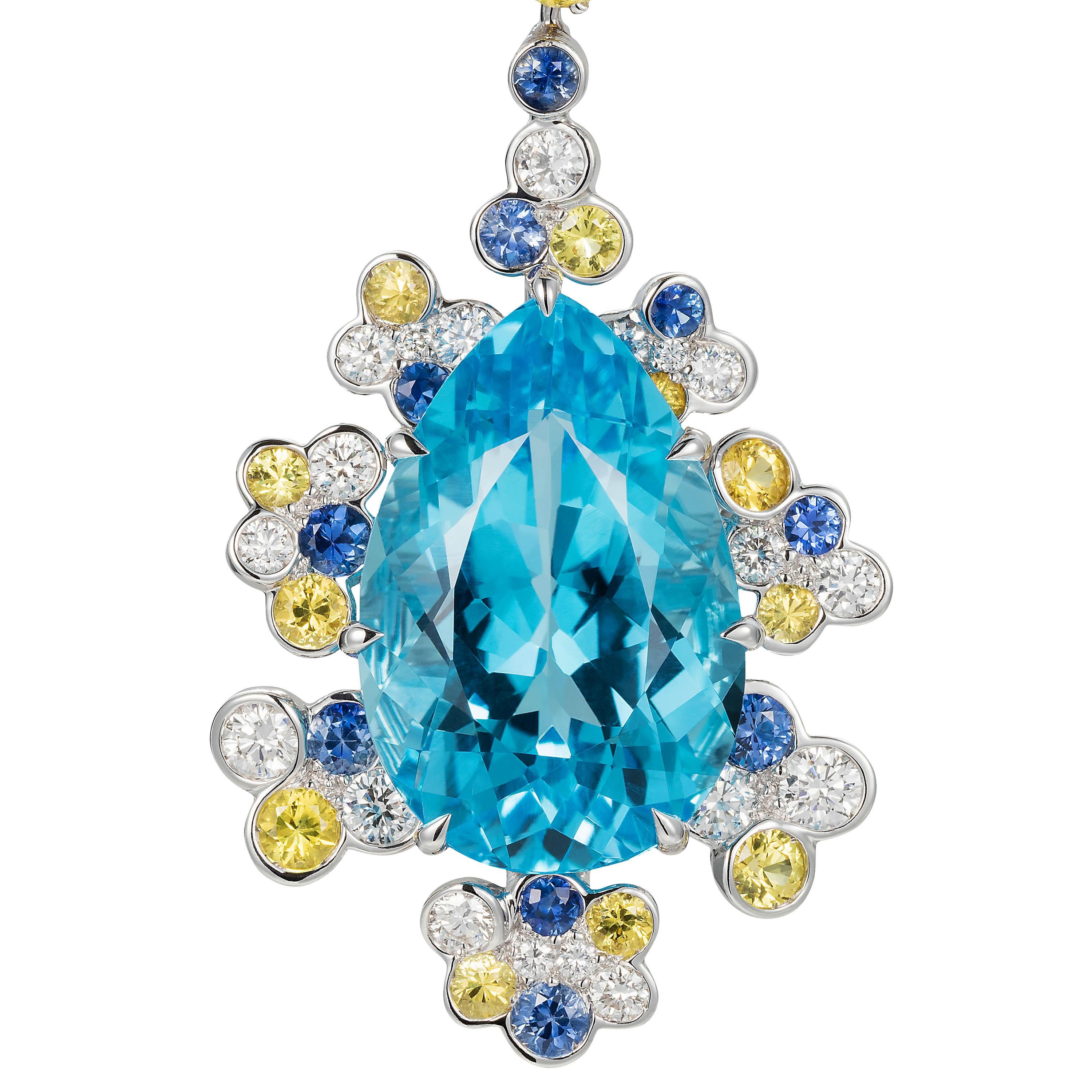 Pear Cut Tabbah Pear-Shaped Topaz with Sapphires Diamond 18K Gold Hummingbird Earrings For Sale