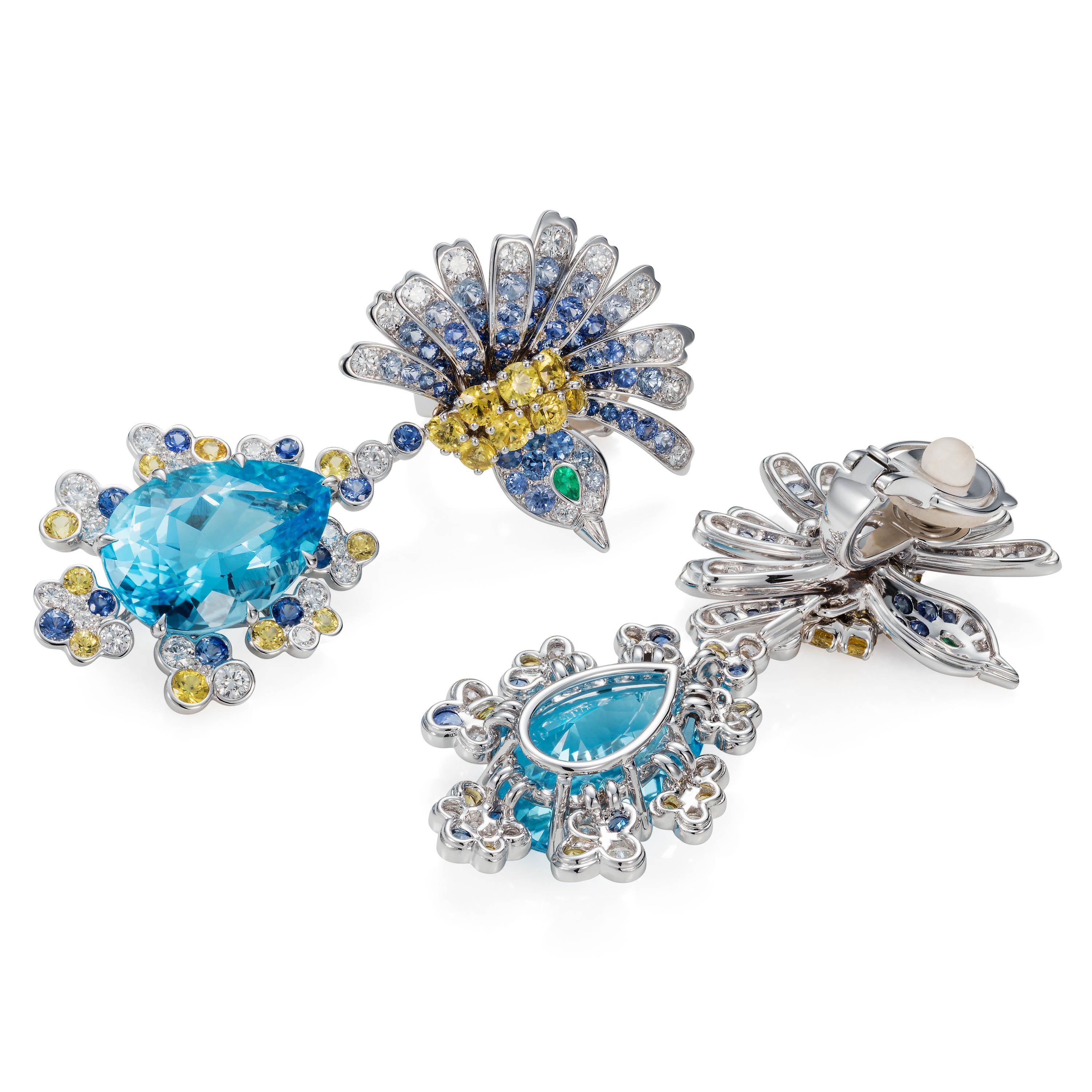 Women's Tabbah Pear-Shaped Topaz with Sapphires Diamond 18K Gold Hummingbird Earrings For Sale