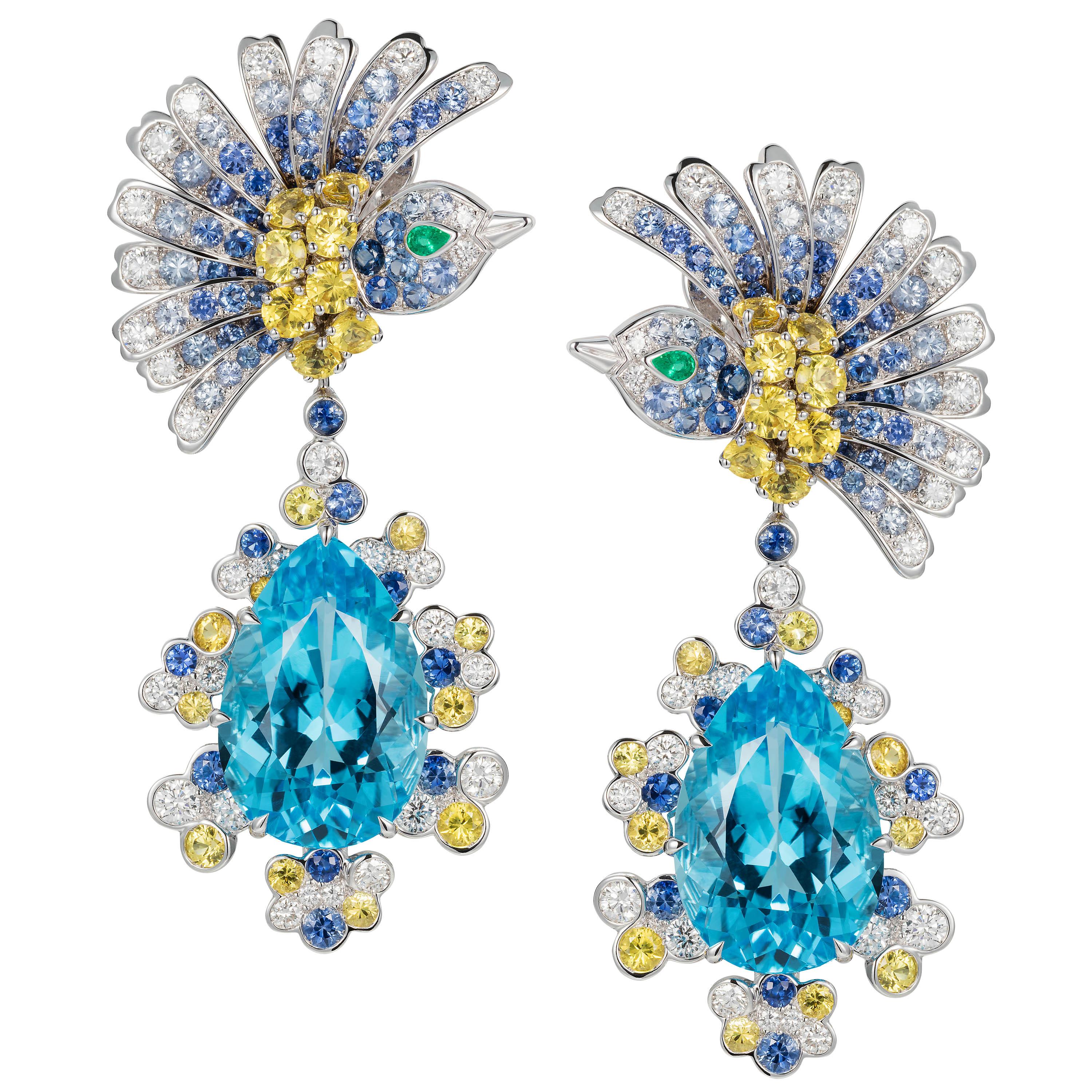 Tabbah Pear-Shaped Topaz with Sapphires Diamond 18K Gold Hummingbird Earrings For Sale