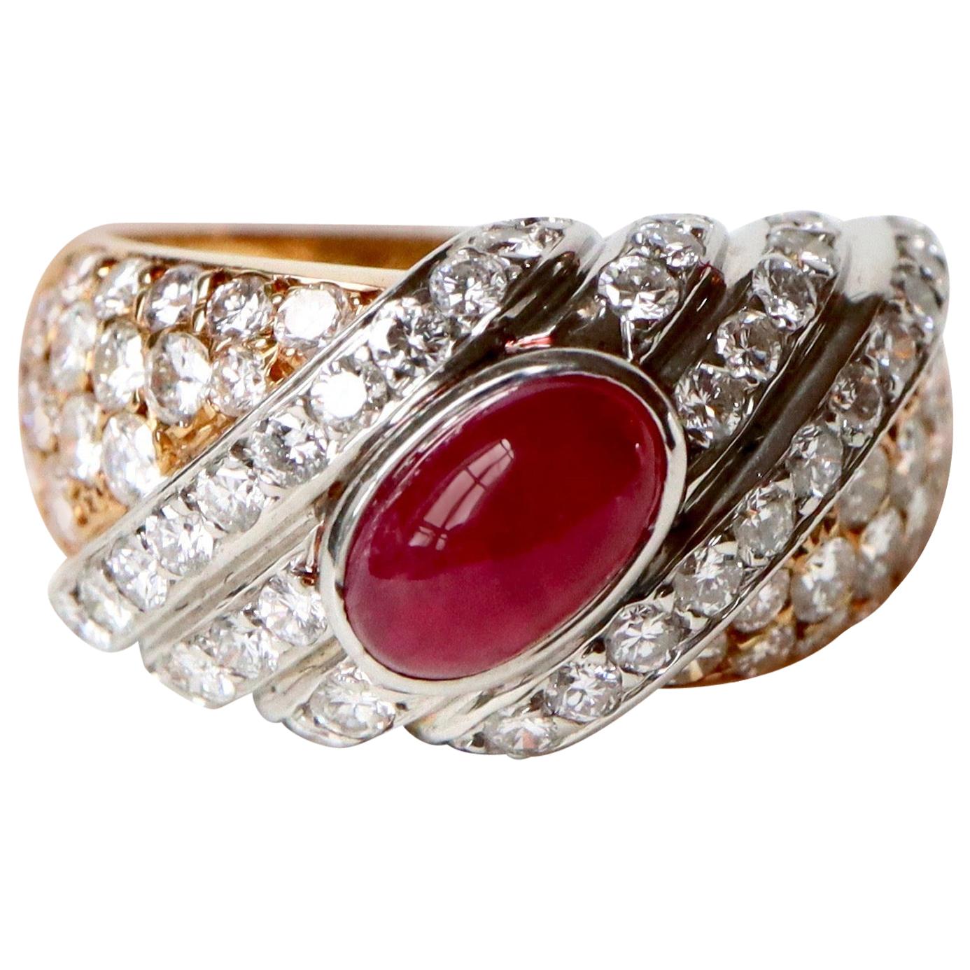 Tabbah Ring in 18 Karat Yellow Gold and Platinum Cabochon Ruby and Diamonds