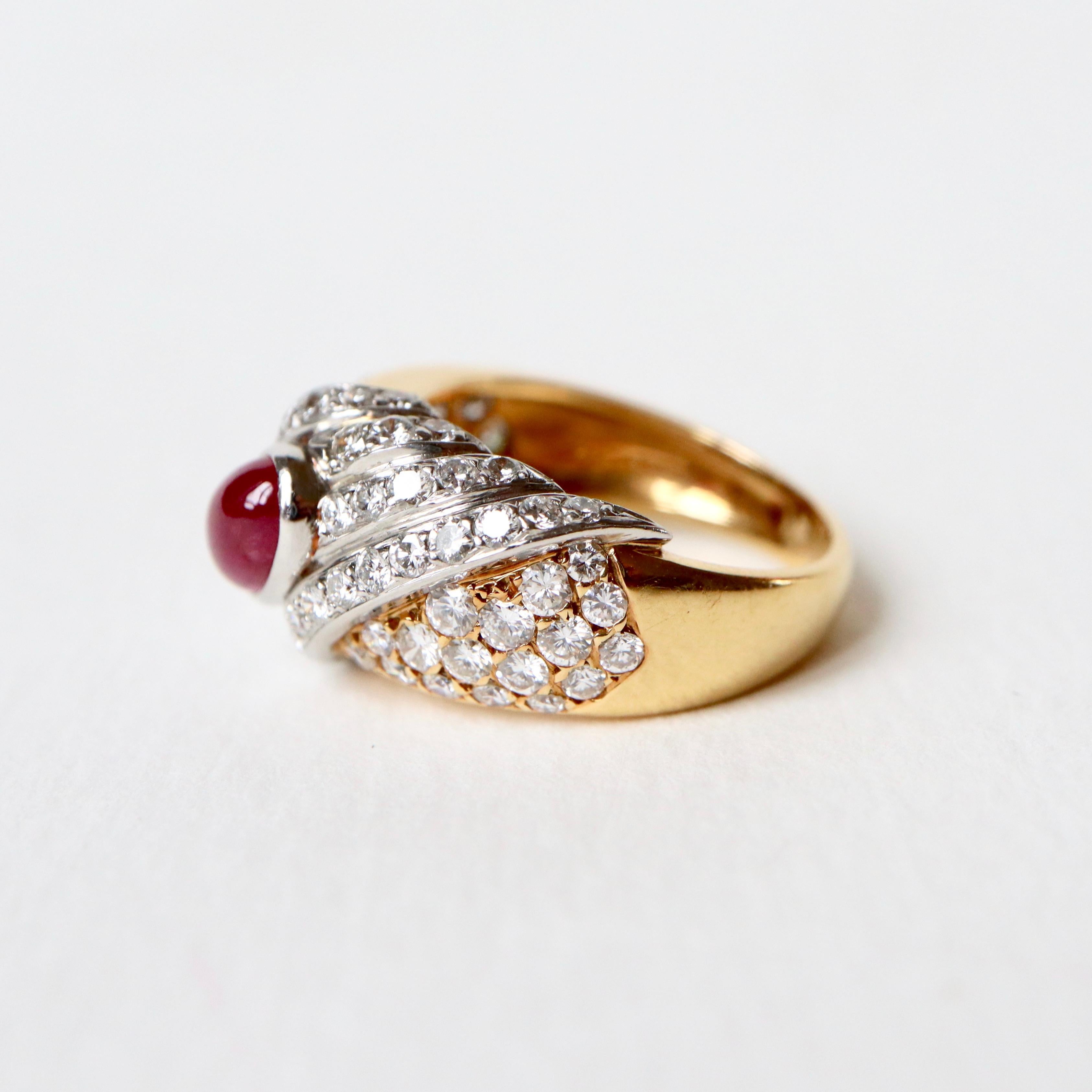 Tabbah Ring in 18 Karat Yellow Gold and Platinum Cabochon Ruby and Diamonds For Sale 5