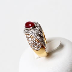 Tabbah Ring in 18 Karat Yellow Gold and Platinum Cabochon Ruby and Diamonds
