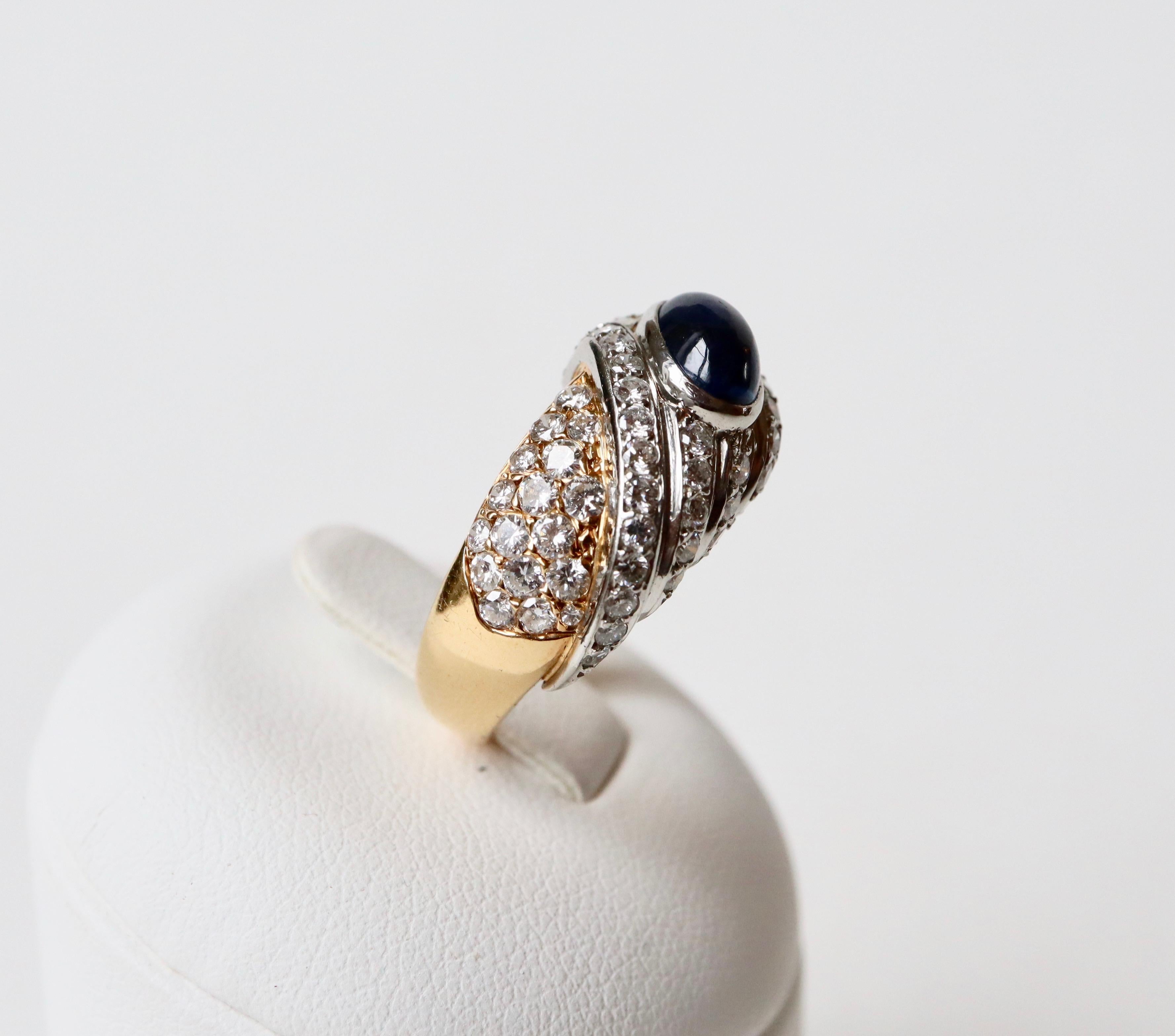 Tabbah Ring in 18 Karat Yellow Gold and Platinum Cabochon Sapphire and Diamonds For Sale 1