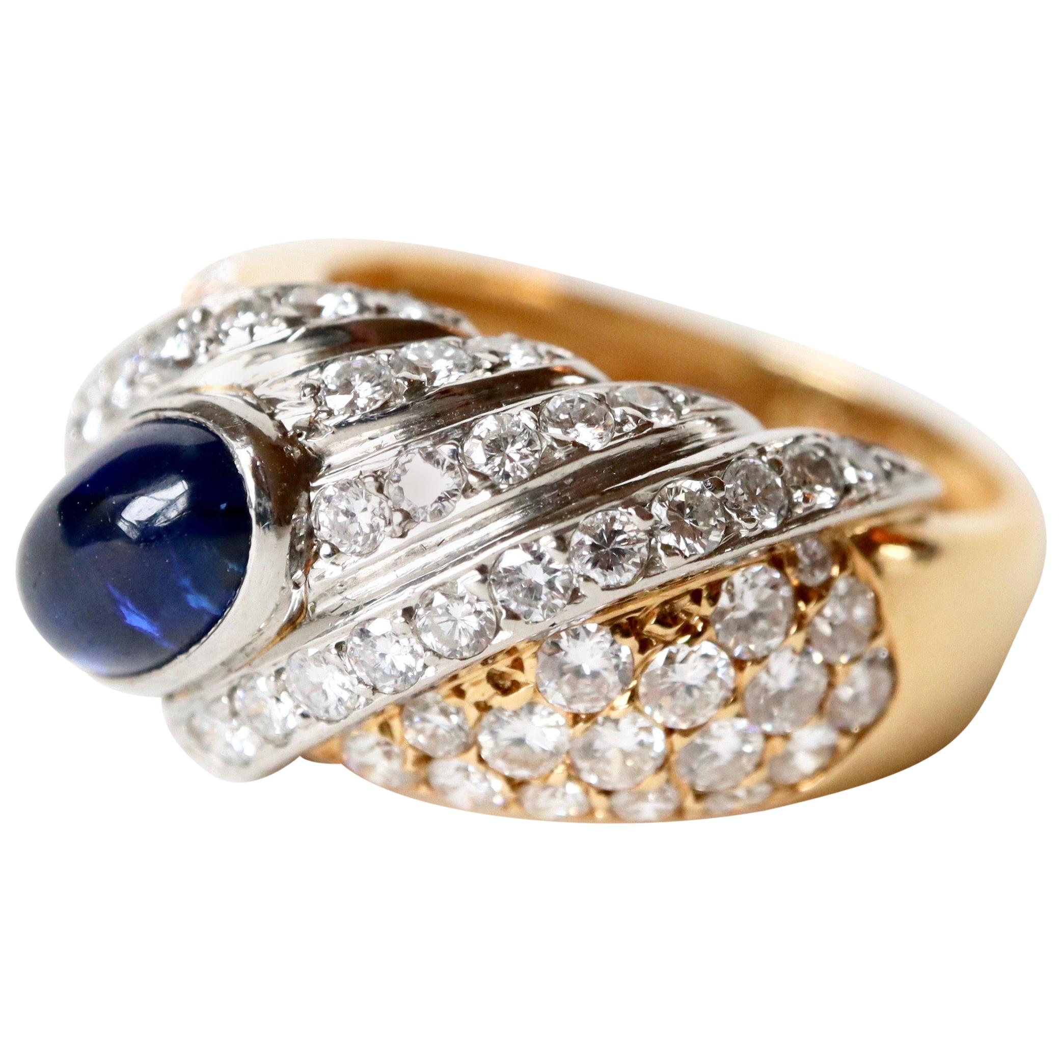 Tabbah Ring in 18 Karat Yellow Gold and Platinum Cabochon Sapphire and Diamonds For Sale