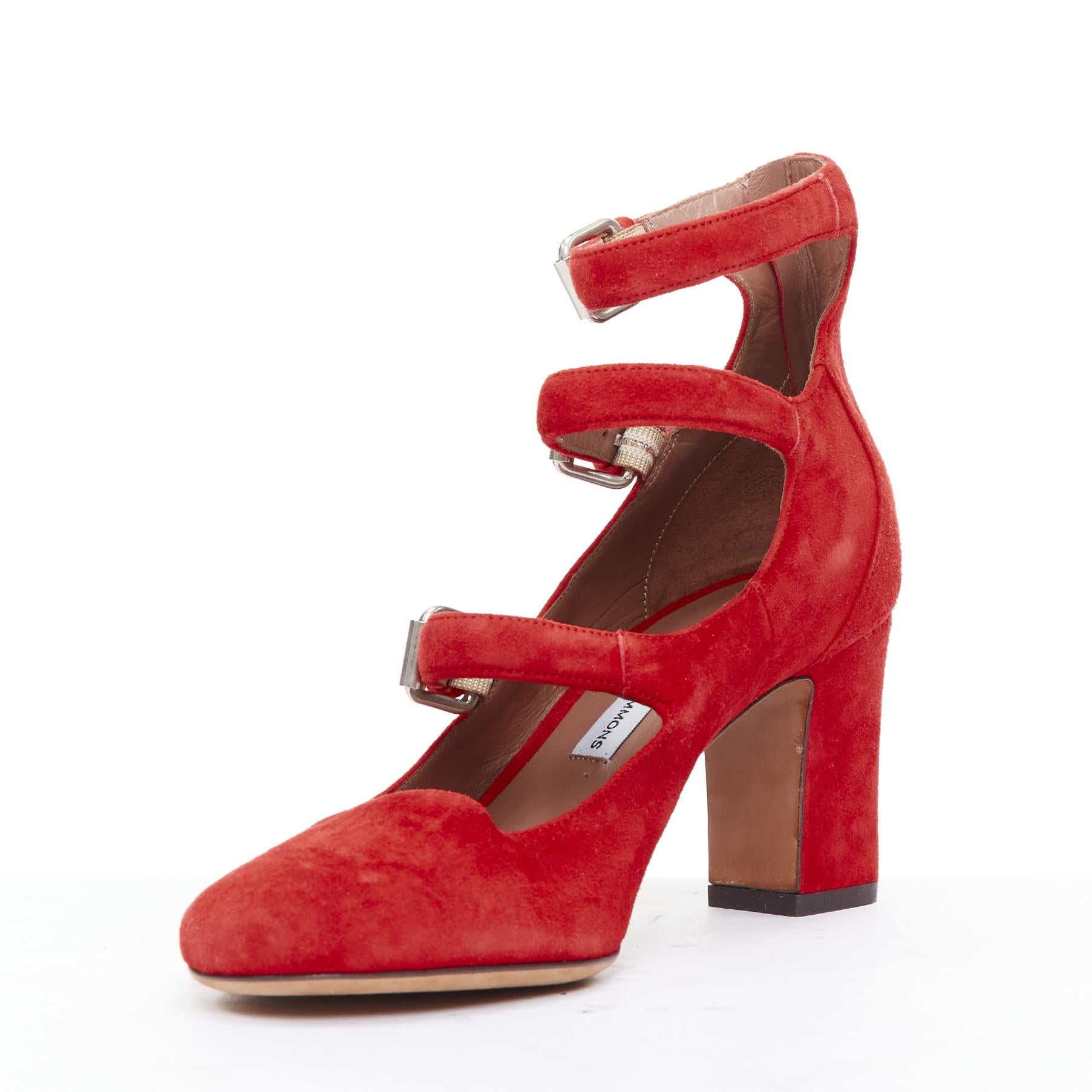 TABITHA SIMMONS Moda red suede leather silver buckles strappy heels EU37 In Good Condition For Sale In Hong Kong, NT