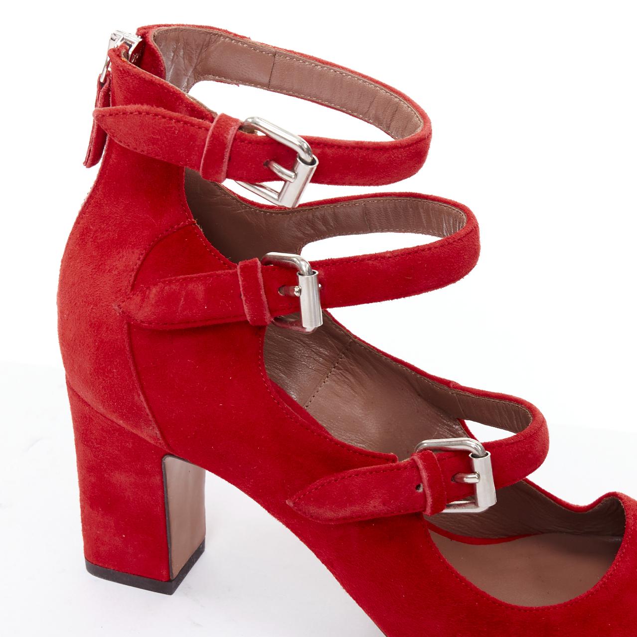 TABITHA SIMMONS Moda red suede leather silver buckles strappy heels EU37 For Sale 2
