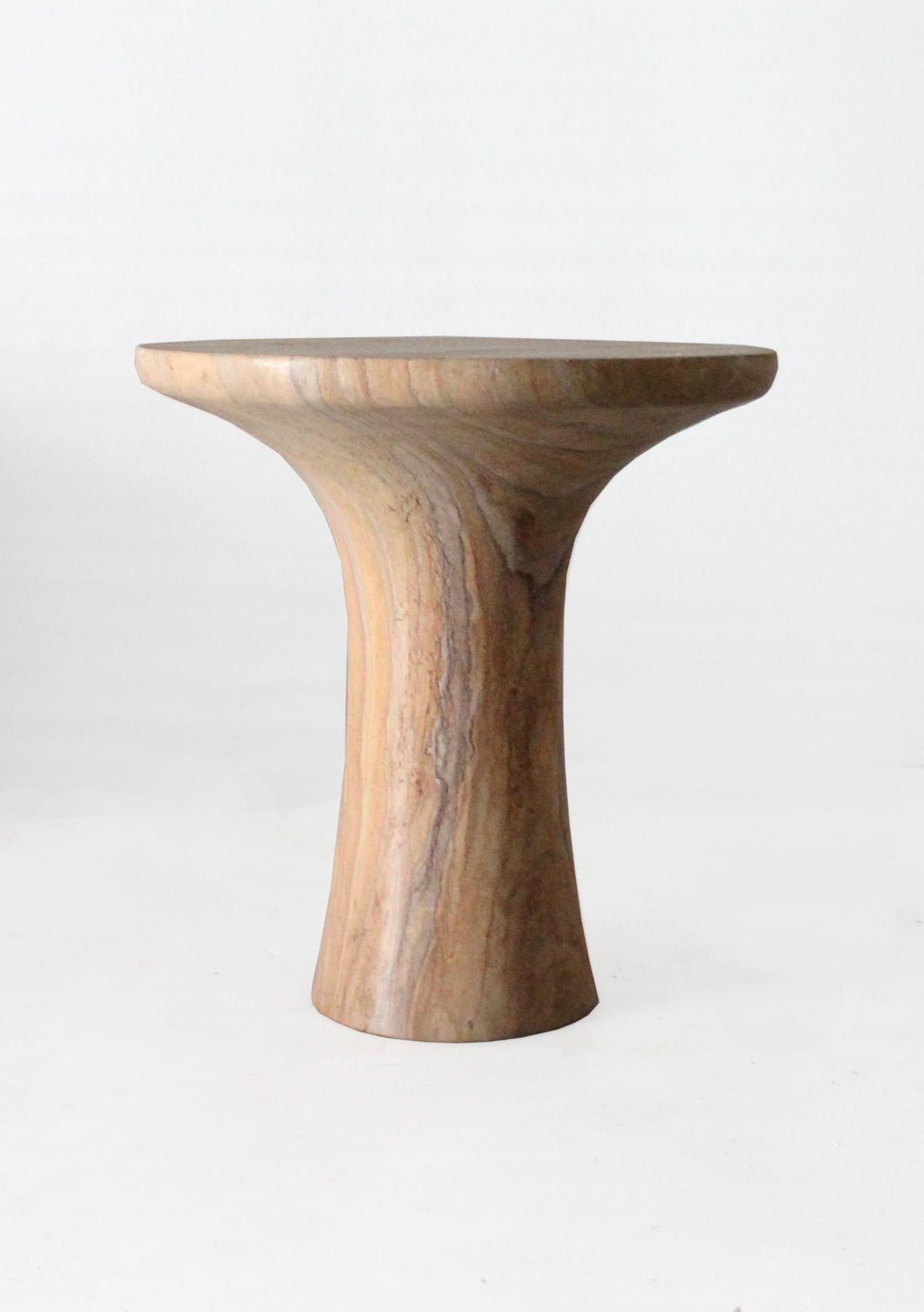 Hand-Carved Tabla Table in Rainbow Teakwood Handcrafted in India by Paul Mathieu For Sale